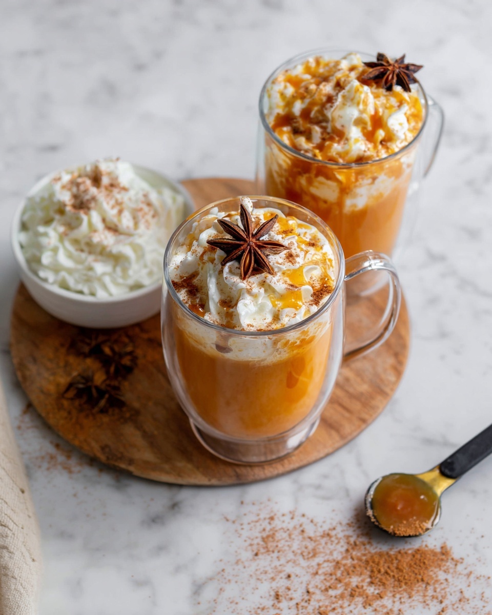 Two clear glass mugs each have a creamy orange drink topped with large dollops of white whipped cream. There is caramel sauce drizzled over the whipped cream, sprinkled with brown cinnamon powder, and each mug has a single star anise placed on top for decoration. The mugs have clear handles and are sitting on a round wooden board placed on a white marbled surface. Next to the board is a small white bowl filled with more whipped cream and a black spoon with a small amount of caramel sauce spilled on the marbled surface. Nearby, a gold measuring spoon with ground cinnamon is placed on the white marble with some spilled cinnamon powder around it. Photo taken with an iphone --ar 4:5 --v 7