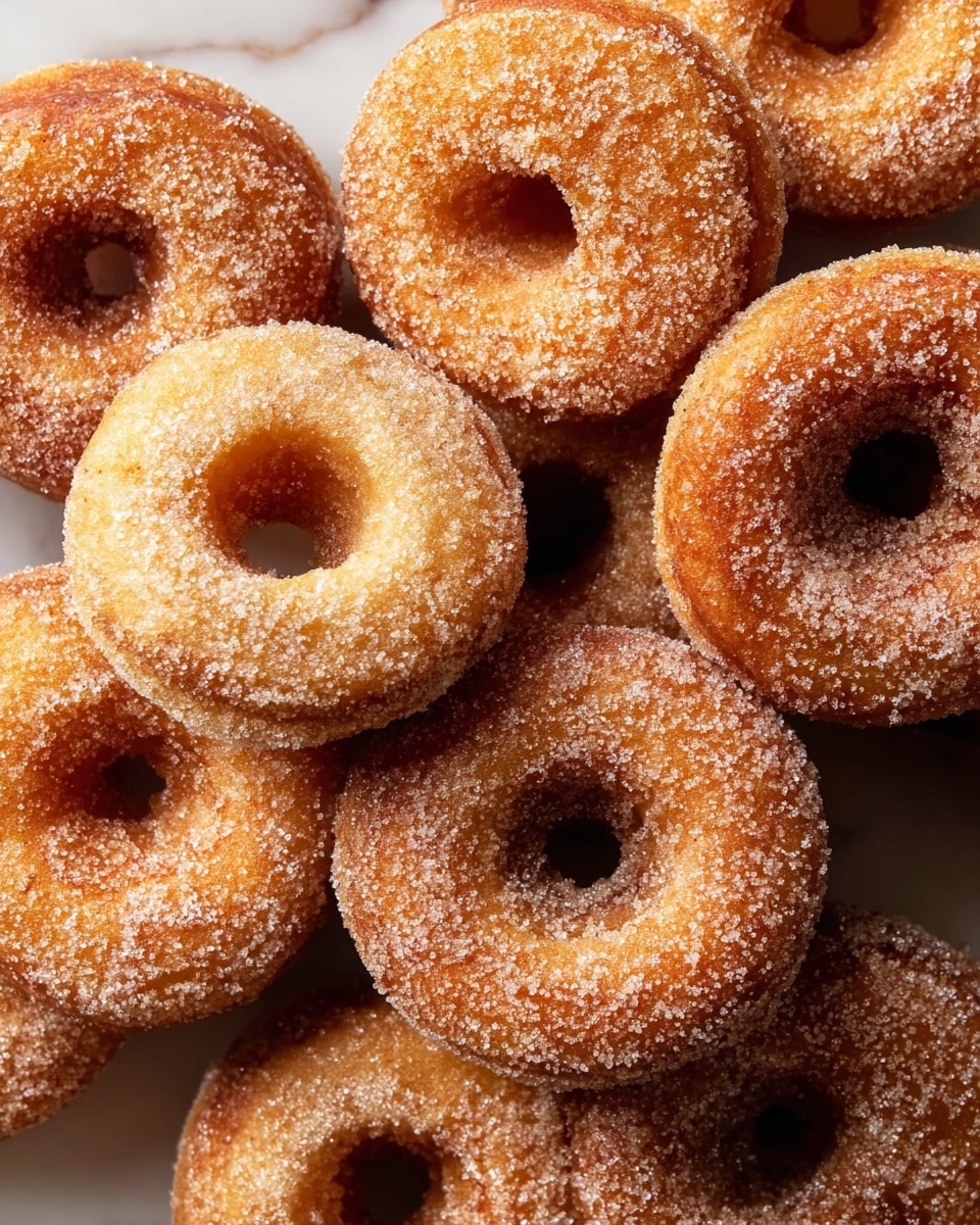 A close-up view of several small sugar-coated doughnuts piled together, each doughnut showing a golden-brown color with a rough sugar texture sparkling on their surfaces. The doughnuts have a light crust with a soft interior visible on the edges, and their round shapes with center holes are clearly defined as they lay on a white marbled surface. Photo taken with an iphone --ar 4:5 --v 7