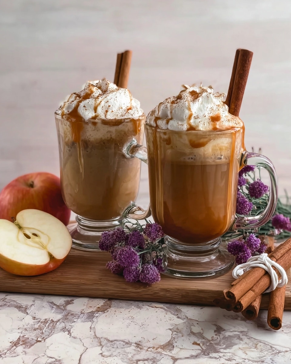 Two clear glass mugs filled with a layered drink sit on a white marbled surface. Each mug has a base layer of dark brown liquid topped with a thick swirl of white whipped cream. Drizzled over the whipped cream is a rich caramel sauce and a light dusting of cinnamon powder. Each drink is garnished with a whole cinnamon stick placed inside the mug, leaning against the whipped cream. Next to the mugs, there is half of a red and yellow apple and small clusters of dried pink flowers scattered around. A crumpled white cloth is partly visible at the top right corner. Photo taken with an iphone --ar 4:5 --v 7