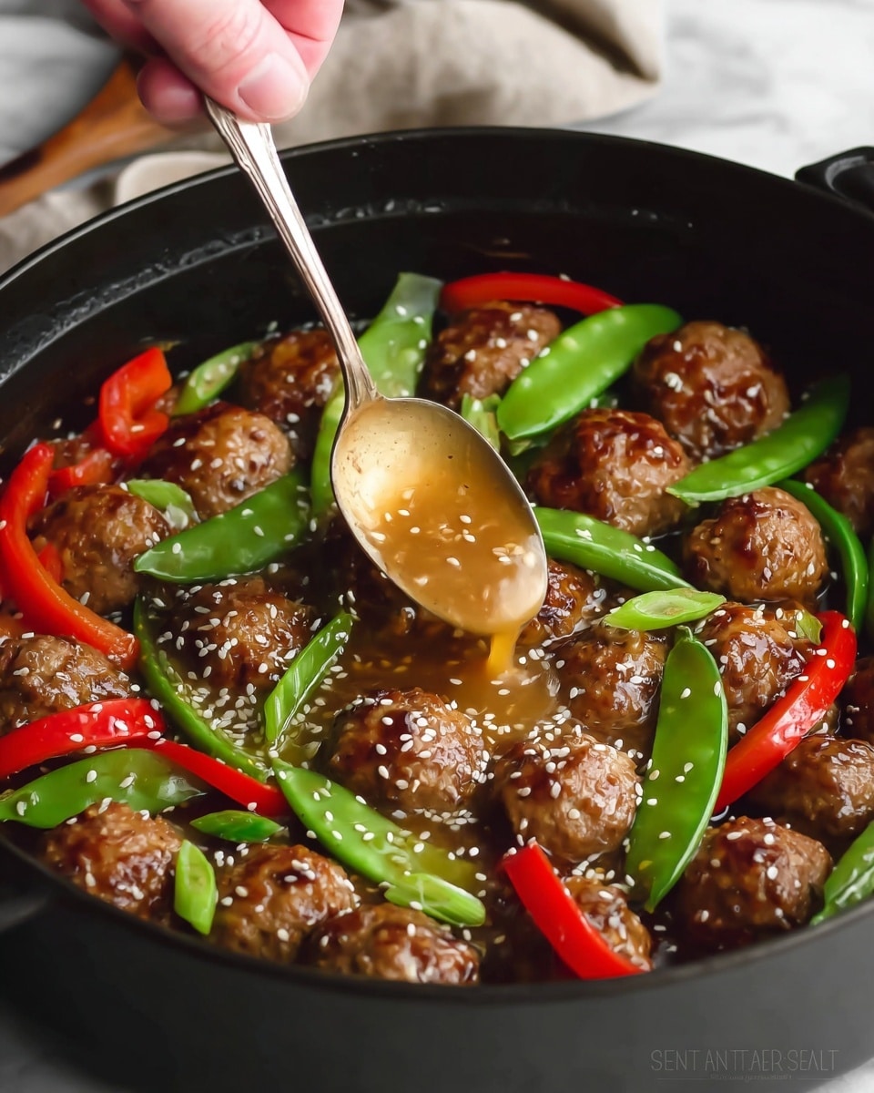 A close-up view of a black pot filled with round brown meatballs coated in a shiny, thick sauce. The dish includes bright green snap peas and long slices of red bell pepper scattered evenly among the meatballs. Small white sesame seeds are sprinkled on top, adding texture and contrast. A woman's hand holding a spoon is pouring a light brown sauce over the meatballs in the center of the pot. The background shows a white marbled surface. photo taken with an iphone --ar 4:5 --v 7