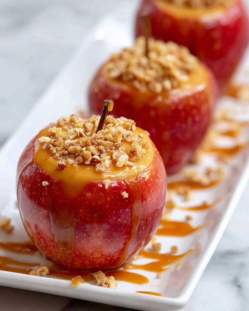 The image shows three red apples with the tops hollowed out and filled with a golden, smooth filling. On top of each filling, there is a small layer of chopped nuts that add texture. Caramel sauce is drizzled over the apples and parts of the white rectangular plate, creating glossy streaks and droplets. The apples are placed in a row on a white marbled surface and the focus is on the nearest apple, with the others slightly blurred in the background. Photo taken with an iphone --ar 4:5 --v 7
