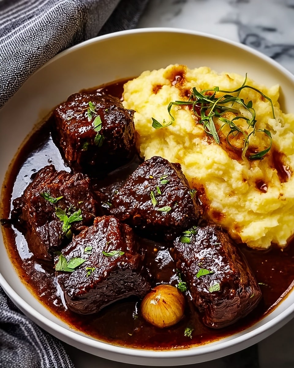 Four dark brown, shiny beef chunks sit in a thick dark brown sauce on the left side of a white plate; the beef has some green herb leaves sprinkled on top. A single cooked yellow garlic clove rests near the beef. On the right side, there is a light yellow creamy mashed potato dish topped with a few sprigs of green herbs and a drizzle of brown sauce. The plate is set on a white marbled surface with a gray and white striped cloth partially visible on the left. Photo taken with an iphone --ar 4:5 --v 7