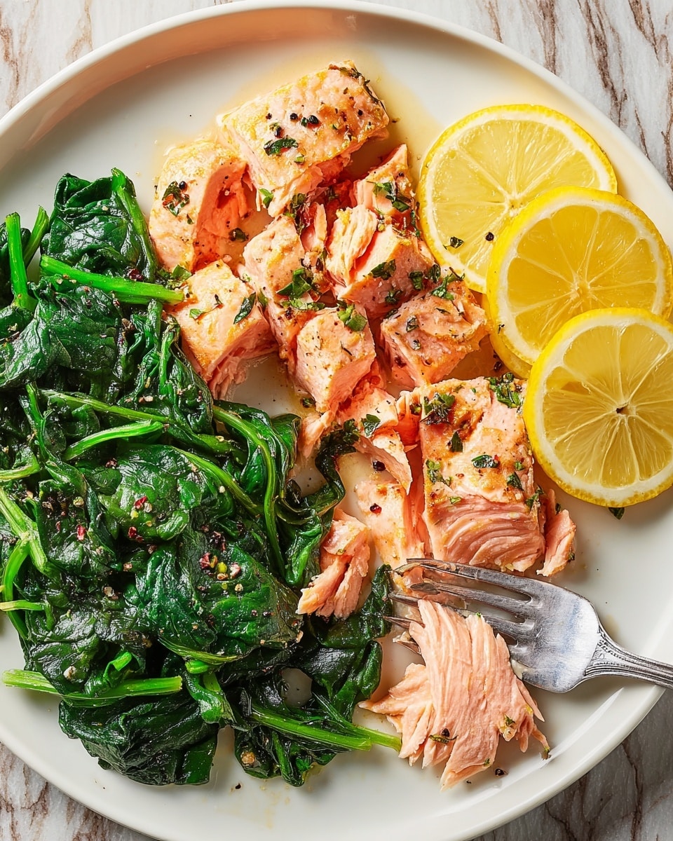 A white plate with three main layers: at the bottom left is a pile of cooked dark green spinach with soft, wrinkled leaves and some lighter green stems; at the top right are three thin slices of yellow lemon with visible seeds, partly covered by the top layer; the top layer is a large portion of light pink cooked salmon, broken into chunks with crispy, browned skin on some parts, sprinkled with green herbs and black pepper. A silver fork pierces a piece of salmon from the lower right side. The background is a white marbled surface. Photo taken with an iphone --ar 4:5 --v 7