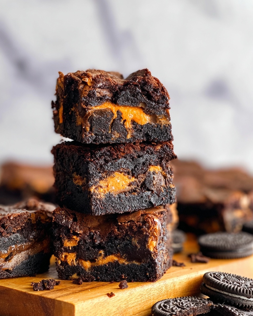 The image shows a stack of three thick, dark chocolate brownies with orange-filled sandwich cookies baked inside. Each brownie is dense with chocolate chunks and the orange filling from the cookies creates a bright contrast layered within the dark, rich texture. The brownies display a slightly crumbly top crust and soft interior. Around the wooden board under the brownies, there are more pieces of brownies and whole sandwich cookies. The scene is set against a white marbled background. photo taken with an iphone --ar 4:5 --v 7