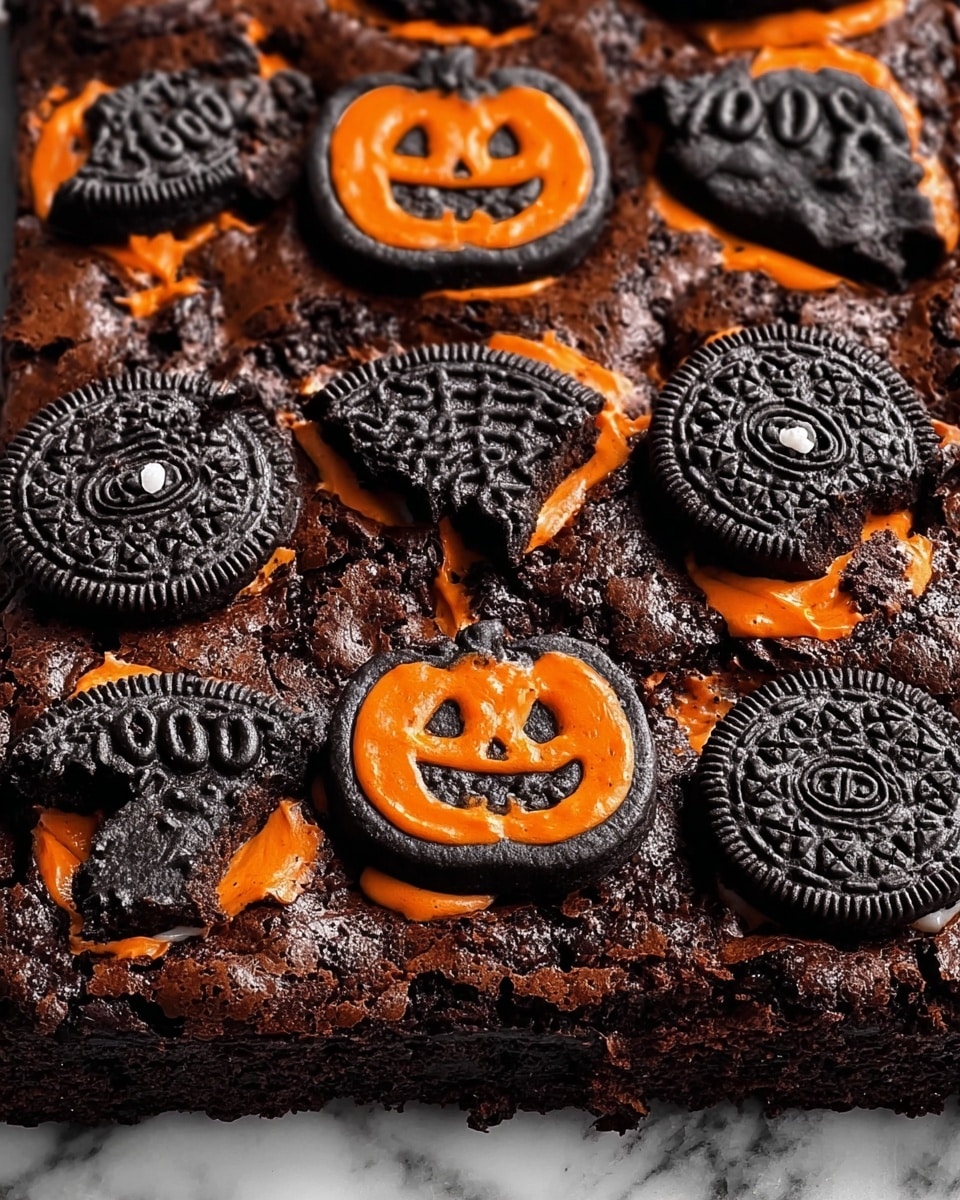 The image shows a close-up view of a baked chocolate dessert, topped with whole and broken chocolate sandwich cookies with orange cream. The dessert has one thick layer made of dark, moist chocolate cake with a slightly cracked surface. Scattered across the top are black cookies decorated with Halloween designs, such as a jack-o'-lantern face, spider webs, and
