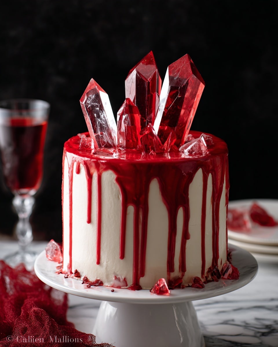 The image shows a tall, smooth white cake with bright red icing dripping down the sides in thick streams, almost like blood. On top of the cake are sharp, clear shards mixed with the red icing, creating a jagged decoration that looks like broken glass. The cake sits on a white plate with some small pieces of the clear red decoration scattered around its base. The setting has a dark background which makes the bright red and white colors stand out strongly, and the surface beneath the cake is changed to a white marbled texture. Photo taken with an iphone --ar 4:5 --v 7