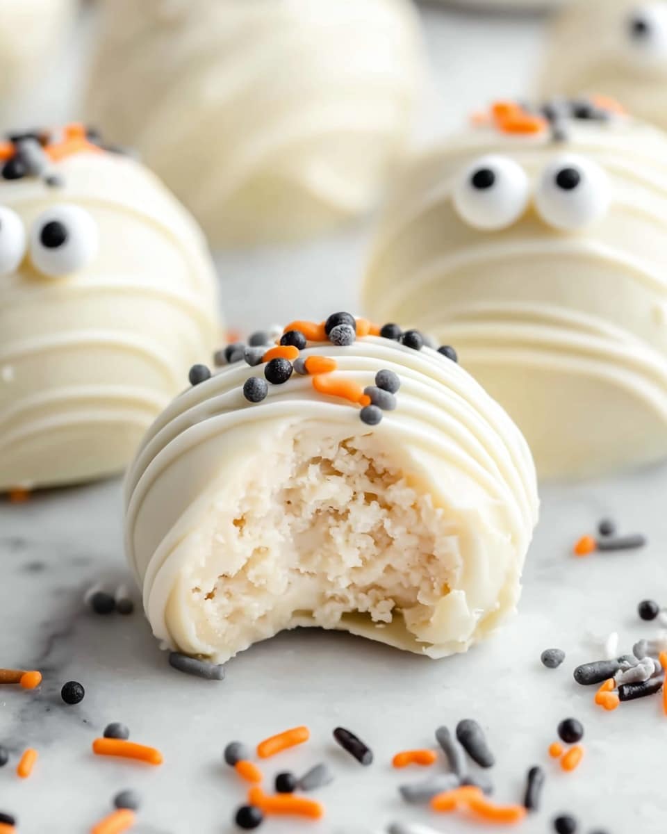 The image shows small round treats covered in smooth white icing, decorated to look like little mummies. Each mummy has two small round white candy eyes with black centers placed near the top. Over the white icing, thin lines of white icing are layered thickly in random, curved stripes to mimic mummy wrappings, creating a textured look. The mummies are sitting on a piece of translucent paper scattered with small round and rod-shaped sprinkles in black, orange, and silver colors. The background surface has a white marbled texture. The photo taken with an iphone --ar 4:5 --v 7