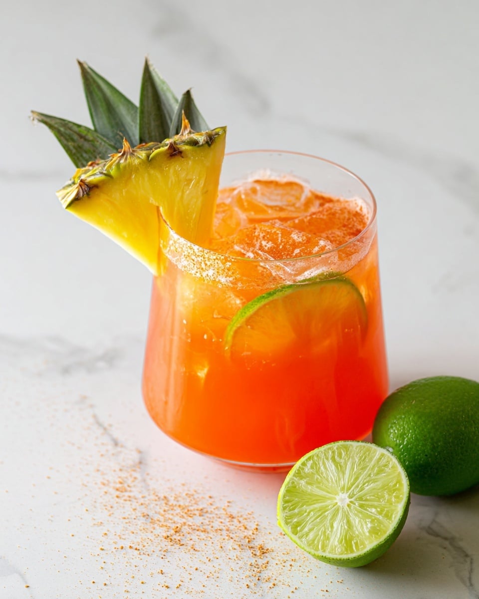 A short clear glass filled with orange-colored liquid and several ice cubes is seen on a white marbled surface. Inside the drink, there are thin slices of green lime and orange, partially submerged. A triangular slice of fresh pineapple with green top skin is placed on the glass rim. The surface of the drink is lightly sprinkled with a fine brown powder. Beside the glass, there is a whole green lime and a lime half showing its juicy light green inside. The photo taken with an iphone --ar 4:5 --v 7