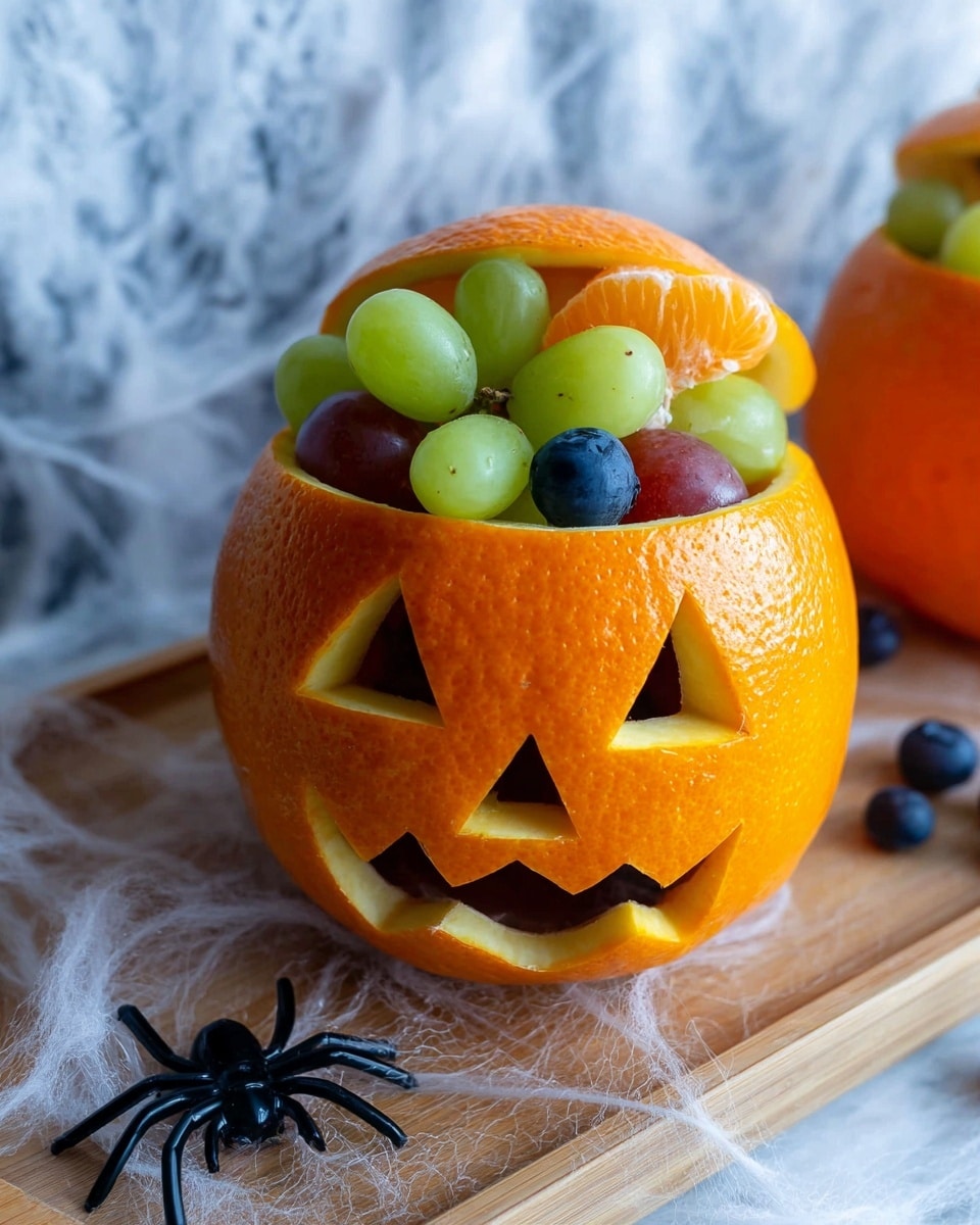 A small orange is carved like a jack-o'-lantern with two triangle eyes and a jagged mouth that shows inside layers filled with black and green grapes. The orange peel is bright and smooth, while the grapes inside add a shiny mix of dark purple and green colors. Two woman's hands hold the orange gently from both sides against a white marbled background. Photo taken with an iphone --ar 4:5 --v 7