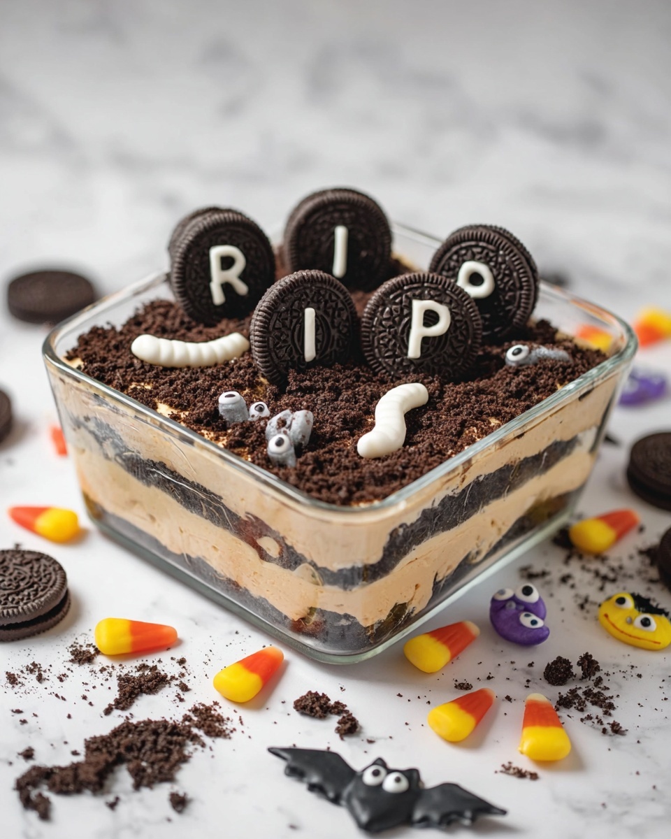 A clear glass square dish holds a layered dessert with two visible layers of smooth light brown chocolate cream, separated by a thin dark cookie crumb layer. The top is thickly covered with crushed dark cookie crumbs, resembling soil, decorated with five upright dark cookies with