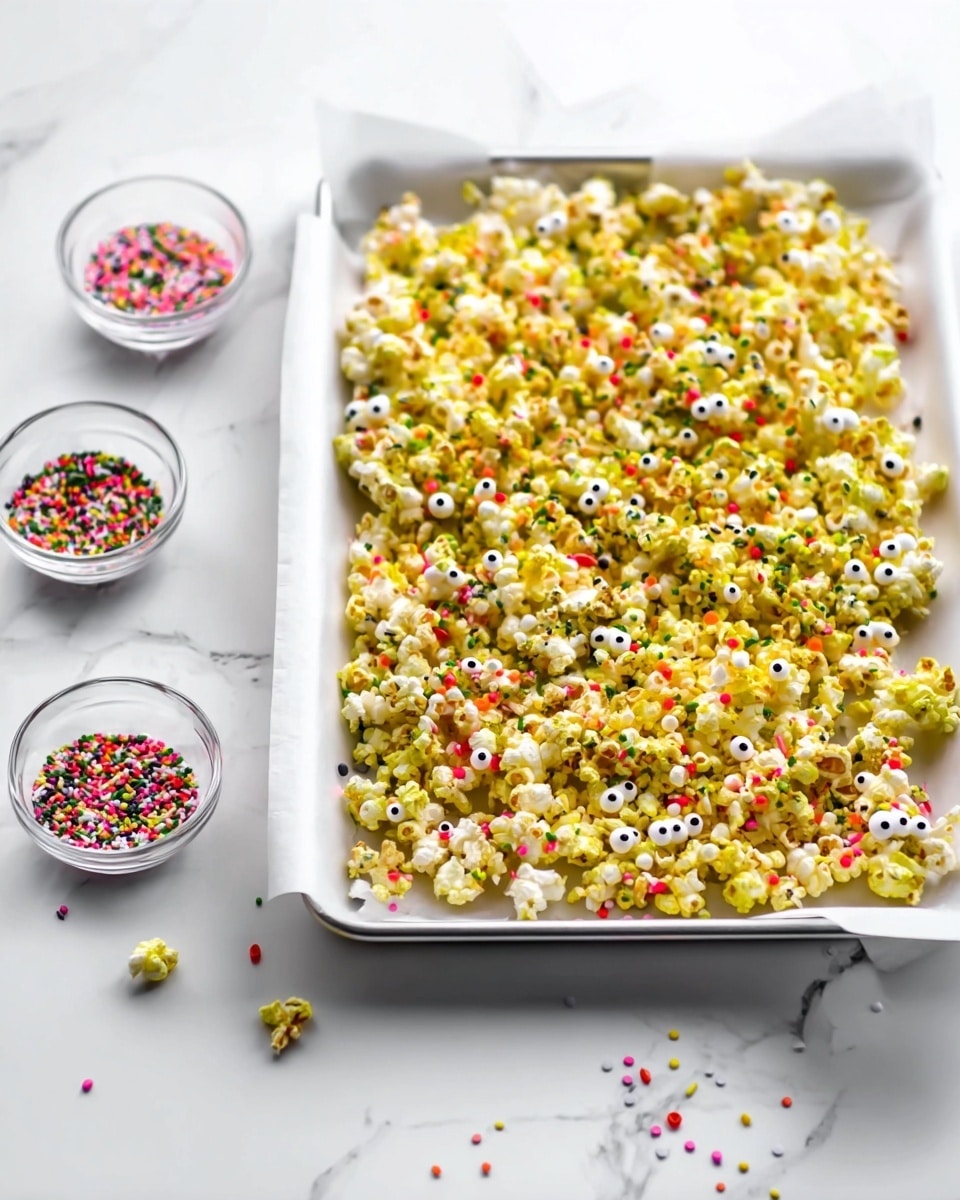 A large white baking tray lined with white parchment paper holds a single thick layer of yellow popcorn scattered with small round candy sprinkles in red, pink, green, black, and white colors. The popcorn is slightly glossy and some of the white candy sprinkles look like tiny eyes with black pupils. Around the tray on a white marbled surface, three clear small bowls contain more colorful round sprinkles, and a few sprinkles are scattered loosely on the surface. The scene is bright and airy, with soft natural light highlighting the textures. photo taken with an iphone --ar 4:5 --v 7
