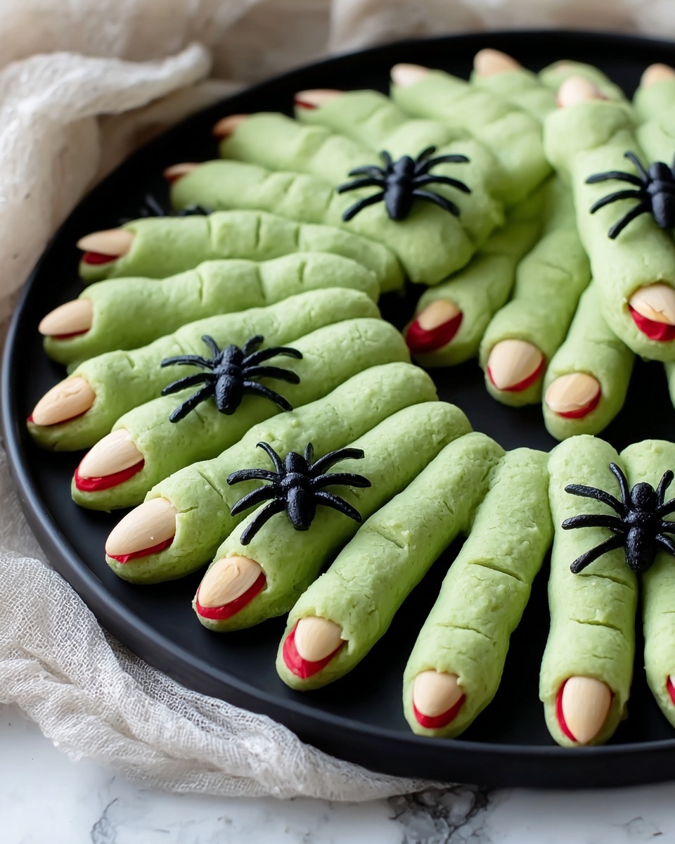 The image shows a black round plate filled with green fingers made of dough. Each finger has three lines pressed on the top for knuckles. The tips have a sliced almond almond nail painted with red icing around the base. There are two small black plastic spiders placed on the fingers for decoration. The plate sits on a white marbled surface with a soft fabric visible in the background. Photo taken with an iphone --ar 4:5 --v 7