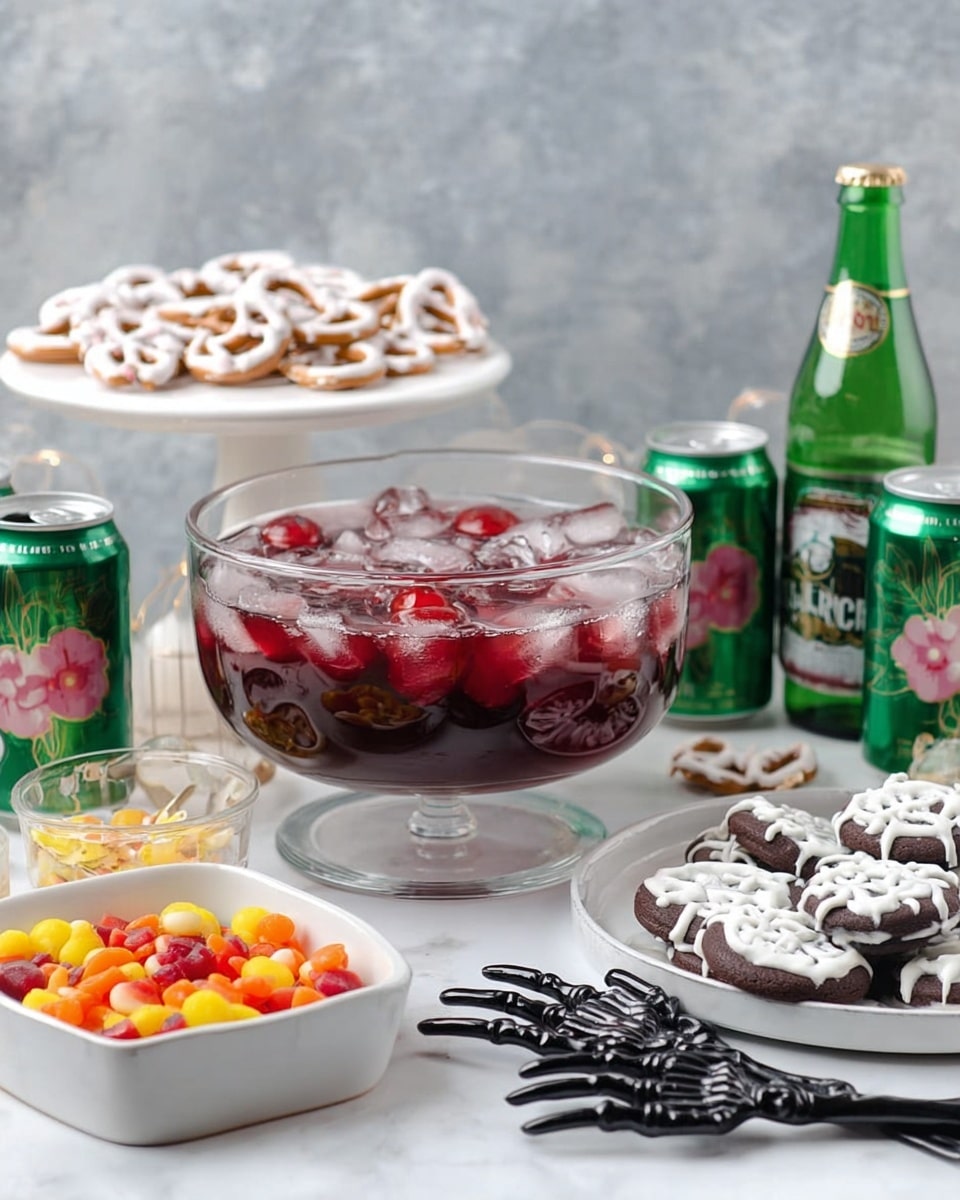 The image shows a large clear glass bowl filled with a dark red drink mixed with ice cubes and small red fruits floating on top. In front of the bowl is a white dish with a mix of orange, yellow, white, and dark brown candy pieces. To the left, there is a white cake stand holding white pretzels. On the right side, a white plate holds round chocolate cookies topped with white icing designs. Black skeleton hand-shaped utensils rest on the white marbled surface near the candy. Behind the bowl, there is a green bottle of ginger ale and several green cans featuring pink flowers. The background is softly textured in light gray. photo taken with an iphone --ar 4:5 --v 7