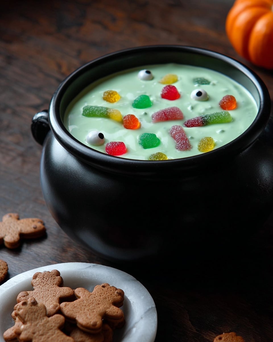 The image shows a close-up of a bowl filled with a smooth light green creamy layer. On top of this cream layer, two candy eyeballs with white bases, purple irises, and red veins are placed, one near the edge and the other more toward the center. There are also two colorful gummy worms; one is green and red striped and partially sunk into the cream on the left, and the other is orange and green striped, sitting more in the center. The bowl is white with a simple design, and the background surface is white marble. Photo taken with an iphone --ar 4:5 --v 7