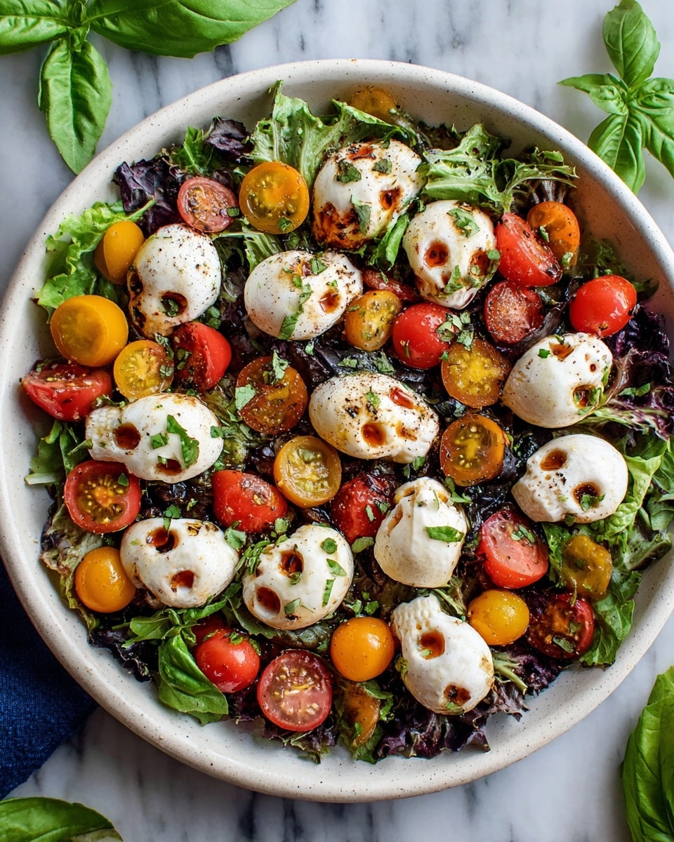 Halloween Salad with Mozzarella Skulls and Cherry Tomatoes Recipe - Recipe Image
