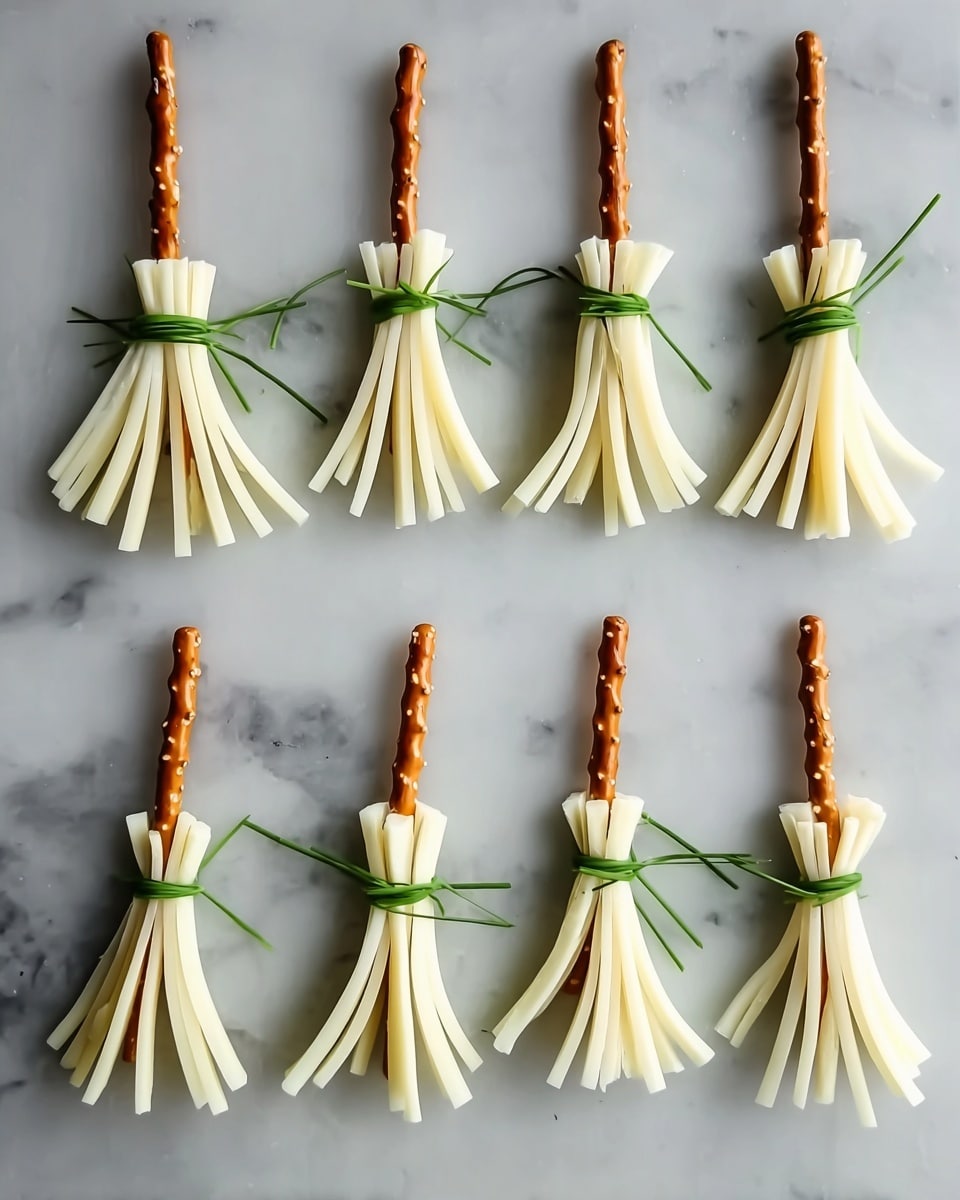 The image shows nine small broom-shaped snacks arranged neatly on a white marbled surface. Each broom has a light brown pretzel stick as the handle, inserted into a white cheese piece that is sliced into thin strips at one end, fanning out to look like broom bristles. The cheese strips are tied together near the top with a thin green chive, creating a neat and charming broom effect. The colors are simple with the light brown of the pretzels, white of the cheese, and green from the chives. The photo taken with an iphone --ar 4:5 --v 7