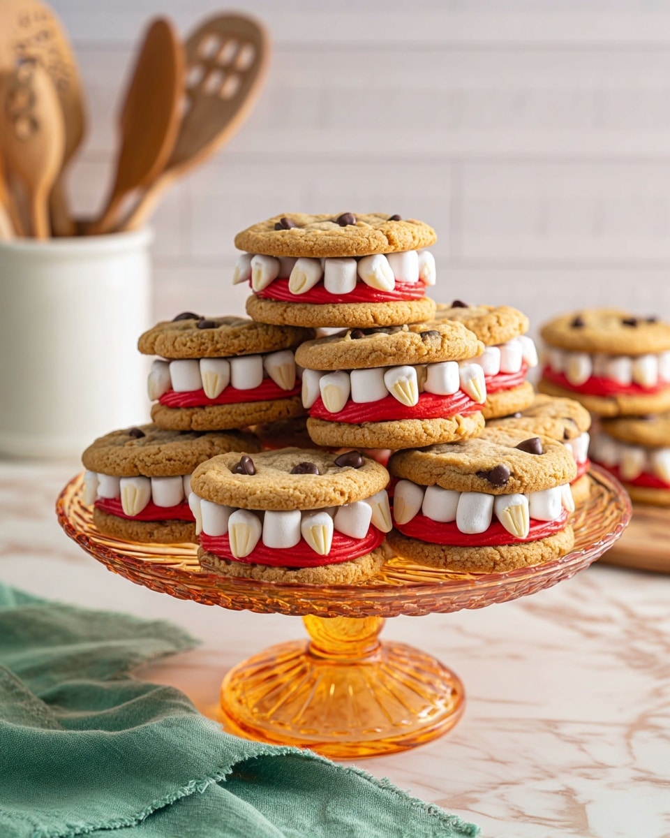 The image shows many cookie sandwiches shaped like half-moon tacos, laid out on a soft orange surface with scattered mini marshmallows and slivered almonds. Each sandwich has three layers: the top and bottom layers are golden-brown chocolate chip cookies folded to form a taco shape; the middle layer is bright red frosting acting as lips, with small white mini marshmallows lined up like teeth inside; a few slivered almonds stick out to look like fangs. On the top left, there are two white bowls: one filled with bright red frosting and the other with slivered almonds. A light green cloth is visible in the bottom left corner. photo taken with an iphone --ar 4:5 --v 7