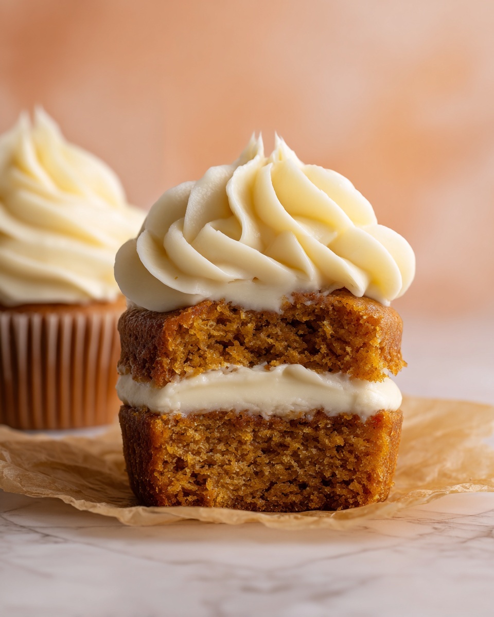 Two small round orange cupcakes sit on crinkled brown paper over a white marbled surface. Each cupcake has seven cream-colored star-shaped swirls of frosting on top, evenly spaced to cover the surface. To the left, two golden forks cross each other, angled diagonally. In the top corners, three small white pumpkins add a cozy touch, with one on the right having thin orange stripes. Photo taken with an iphone --ar 4:5 --v 7