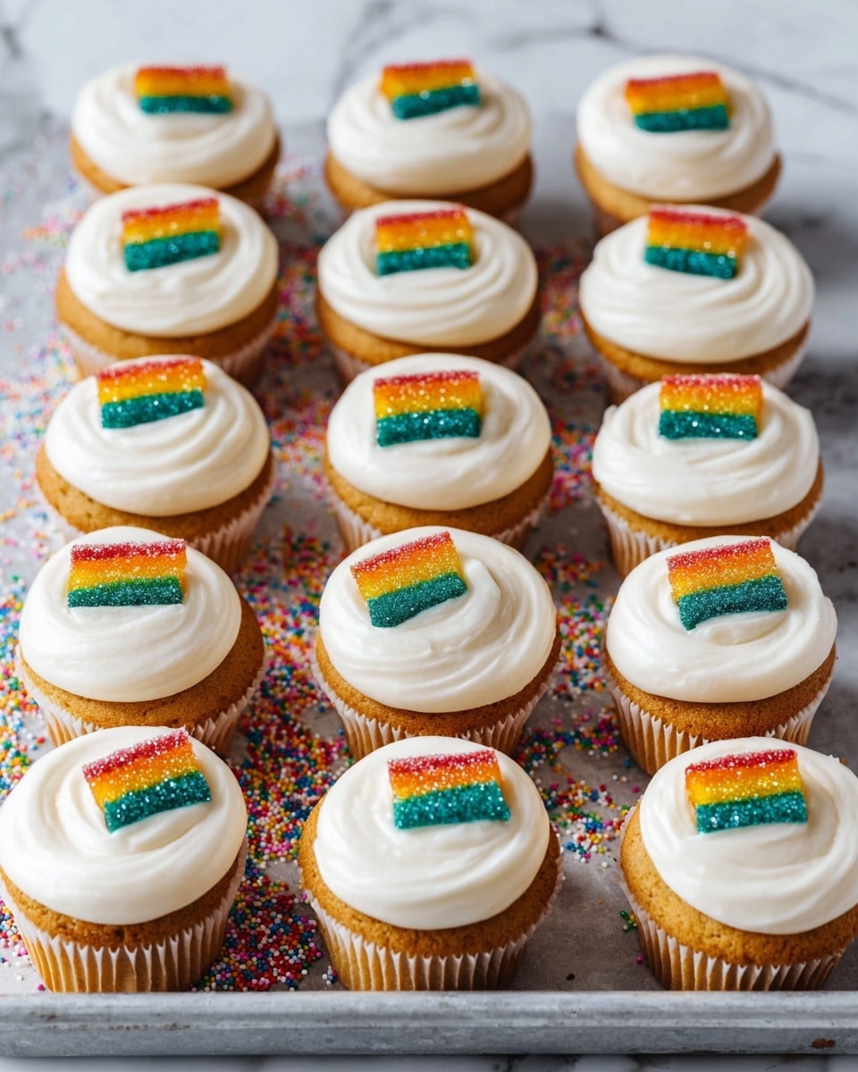 There are twelve cupcakes arranged in a metal tray on a white marbled surface with colorful sprinkles scattered around. Each cupcake has a golden-brown base and a thick swirl of smooth white frosting on top. On the center of each frosting swirl, there is a piece of bright rainbow candy strip with sugar crystals, displaying red, orange, yellow, green, and blue colors. The cupcakes are lined up in neat rows, showing uniform decoration on each one. photo taken with an iphone --ar 4:5 --v 7