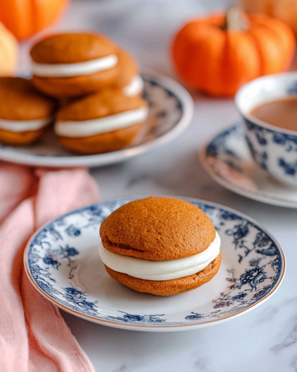 A single pumpkin whoopie pie sits centered on a white plate with blue floral patterns, featuring two soft, round orange-brown cake layers sandwiching a thick smooth white cream filling. In the background, a larger white plate with the same blue floral design holds a small stack of the same pumpkin whoopie pies. To the right, there is a matching white cup and saucer with a warm brown drink inside. The scene is set on a white marbled surface with a soft pink cloth casually draped to the left and some out-of-focus orange pumpkins further in the background. photo taken with an iphone --ar 4:5 --v 7