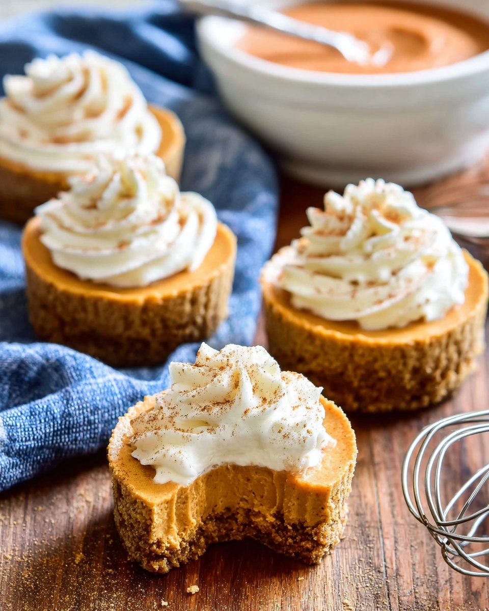 The image shows three small cupcake-sized pumpkin cheesecakes with a crumbly golden-brown crust and a smooth orange pumpkin filling layer, placed on a wooden surface with a blue cloth nearby. Each cheesecake is topped with a swirl of white whipped cream that has a light dusting of brown cinnamon powder on it. The cheesecake in the front has a large bite taken from it, showing the dense texture of the pumpkin filling. In the background, there is a white bowl filled with a reddish-brown sauce and a metal whisk laying next to the cheesecakes, all set on a white marbled texture. photo taken with an iphone --ar 4:5 --v 7