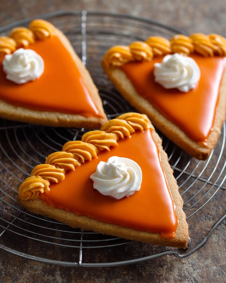 The image shows pumpkin-shaped cookies on a black wire cooling rack placed over a wooden surface. Each cookie has one main layer with bright orange smooth frosting covering the larger round part of the pumpkin shape, with subtle vertical lines for texture. The small stem part is covered with a dark brown, glossy layer of frosting. The cookies themselves are a light beige color with a soft texture visible underneath the frosting. The background is a white marbled texture seen around the edges. photo taken with an iphone --ar 4:5 --v 7