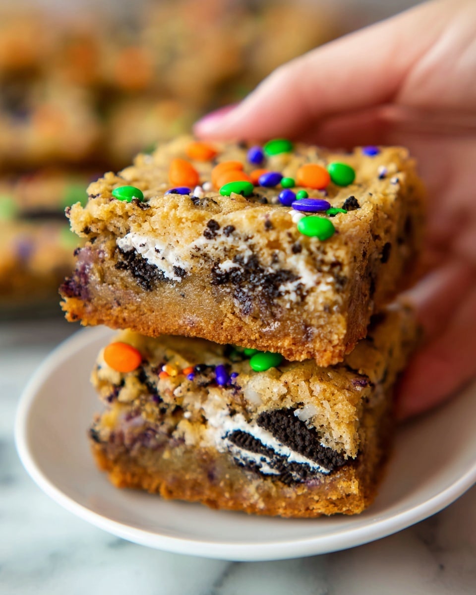 A close-up of a thick square cookie bar with a golden-brown top layer that shows a rough, crumbly texture. The bar has visible pieces of black sandwich cookie, bright yellow and orange candy-coated chocolate, and small round sprinkles in green, orange, purple, and black scattered across the top. The cookie bar sits on a white marbled surface with more similar cookie bars blurred in the background. photo taken with an iphone --ar 4:5 --v 7