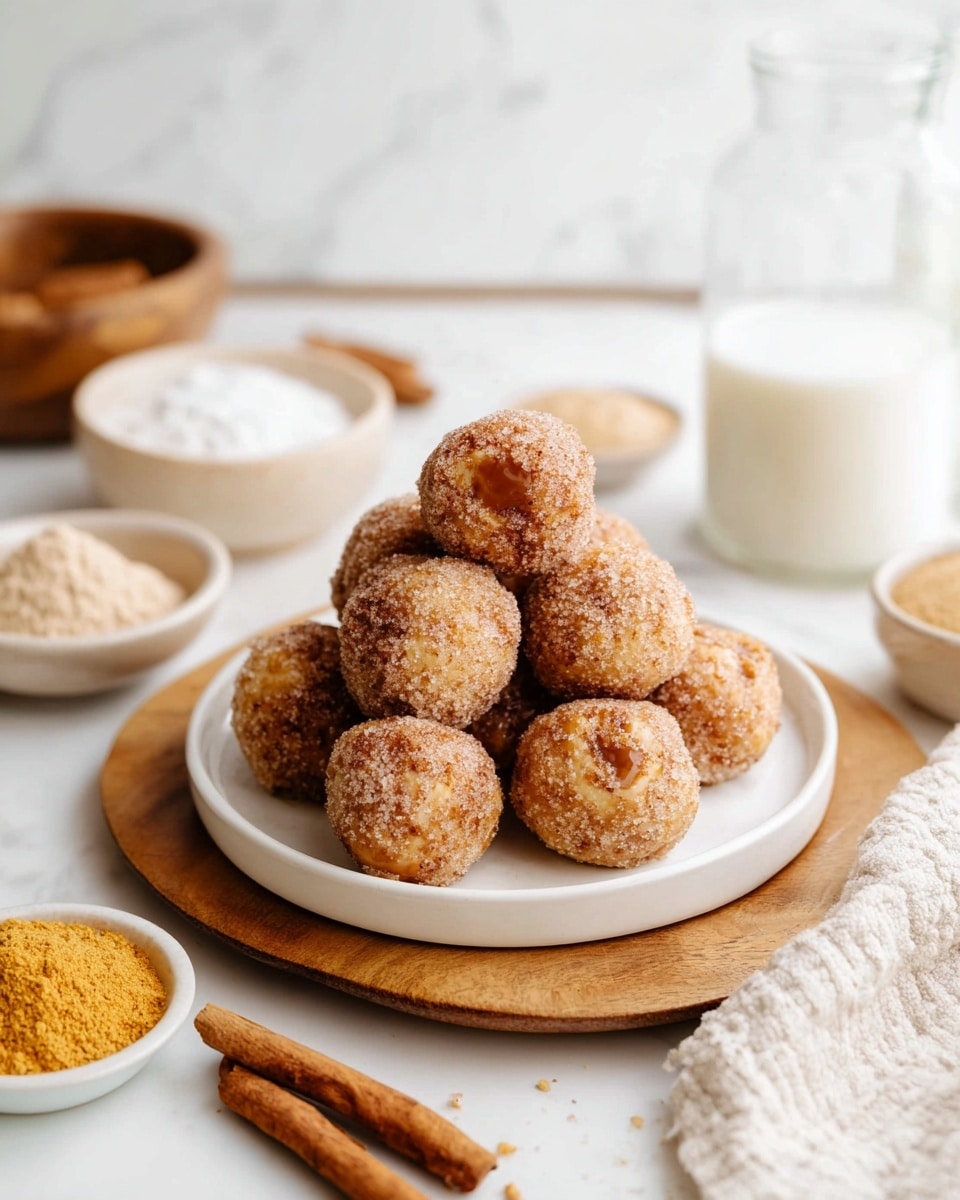 The image shows a stack of about twelve light brown, round balls covered in sugar and cinnamon, arranged in a small white plate sitting on a wooden board. The balls have a slightly rough and crumbly texture, with some shiny spots on top showing they are baked. Around the plate, on a white marbled surface, there are several small bowls with white powder, light brown powder, and small yellow pieces. In the background, there is a clear glass with milk and a glass bottle filled with milk. Two cinnamon sticks lay on the marbled surface in front of the plate, and a white and beige cloth is partially visible on the right bottom corner. photo taken with an iphone --ar 4:5 --v 7