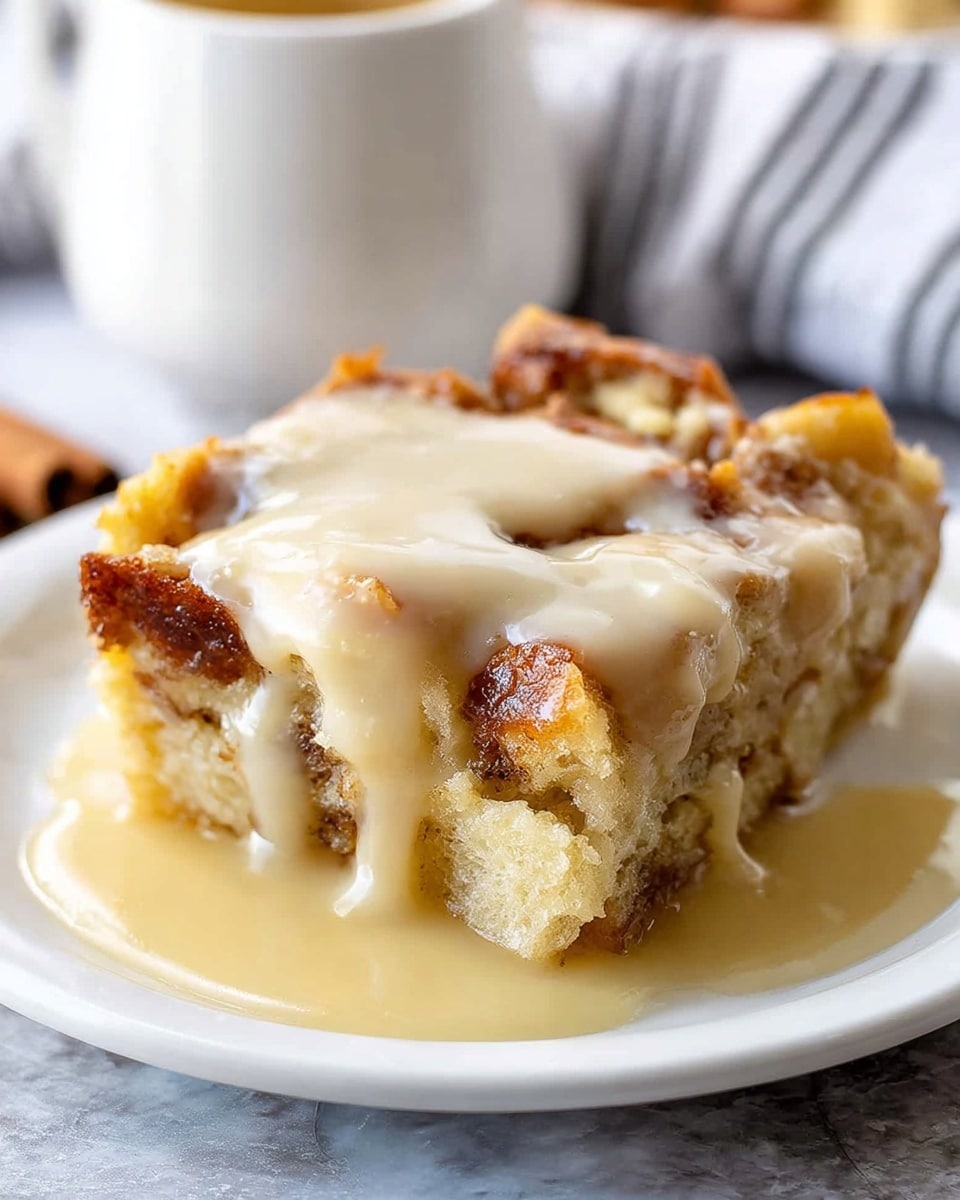A square piece of bread pudding with a golden-brown, crispy top layer made of bread chunks sits centered on a white plate. The middle layer is soft and creamy with a light beige color. Thick, smooth, creamy white sauce is being poured over the pudding, slowly dripping over its edges. The plate rests on a white marbled surface with a blurred striped cloth and a cinnamon stick in the background. Photo taken with an iphone --ar 4:5 --v 7