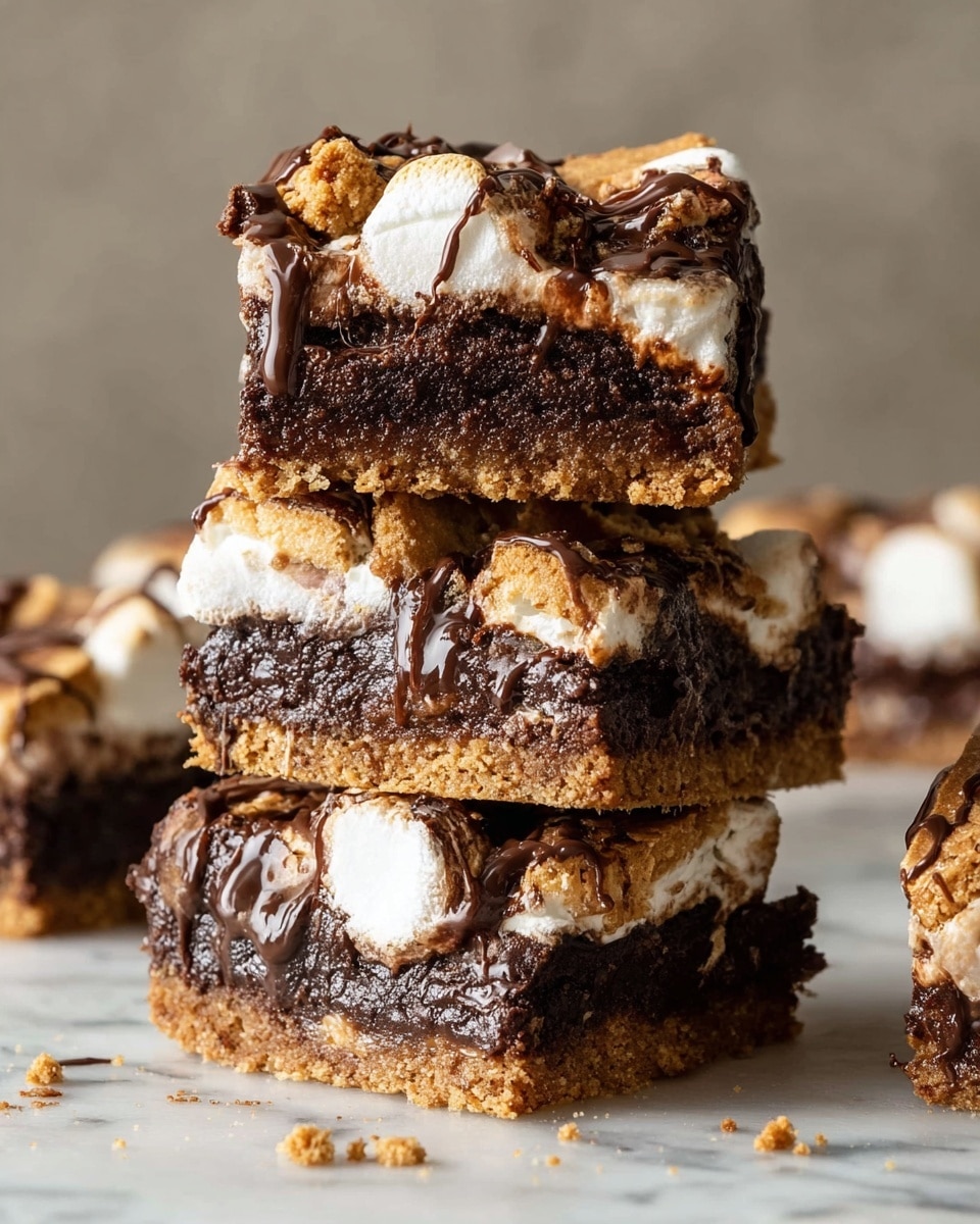A close-up view of a single s'mores bar piece showing three main layers: the bottom is a dark, crumbly crust, the middle is a melted, white marshmallow layer stretched in thin strings upwards, and the top is scattered with light brown, crispy graham cracker chunks and melty pieces of milk chocolate with a smooth texture. The bar rests on a white marbled surface with small crumbs around. Photo taken with an iphone --ar 4:5 --v 7