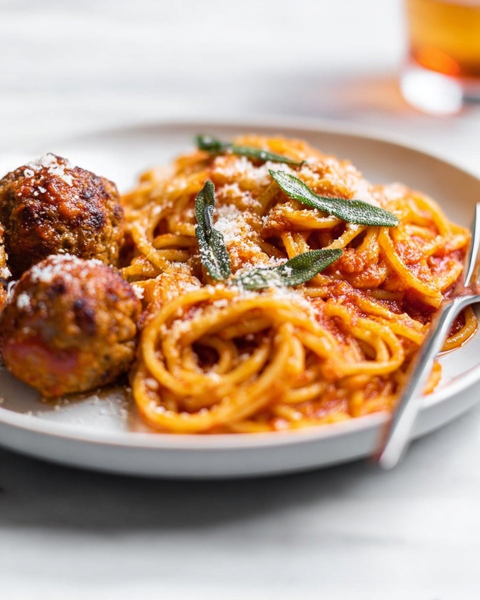 A white plate holds a serving of spaghetti coated in bright red tomato sauce, arranged in small, neat twirls on the right side. The pasta is sprinkled with white grated cheese and topped with a few fresh green sage leaves. To the left of the spaghetti, there are three round, browned meatballs with a slightly crispy texture and a sprinkle of cheese on top. A silver fork rests partly on the plate, leaning against the edge near the meatballs. The dish is set on a white marbled surface, with a soft, blurred background. Photo taken with an iphone --ar 4:5 --v 7