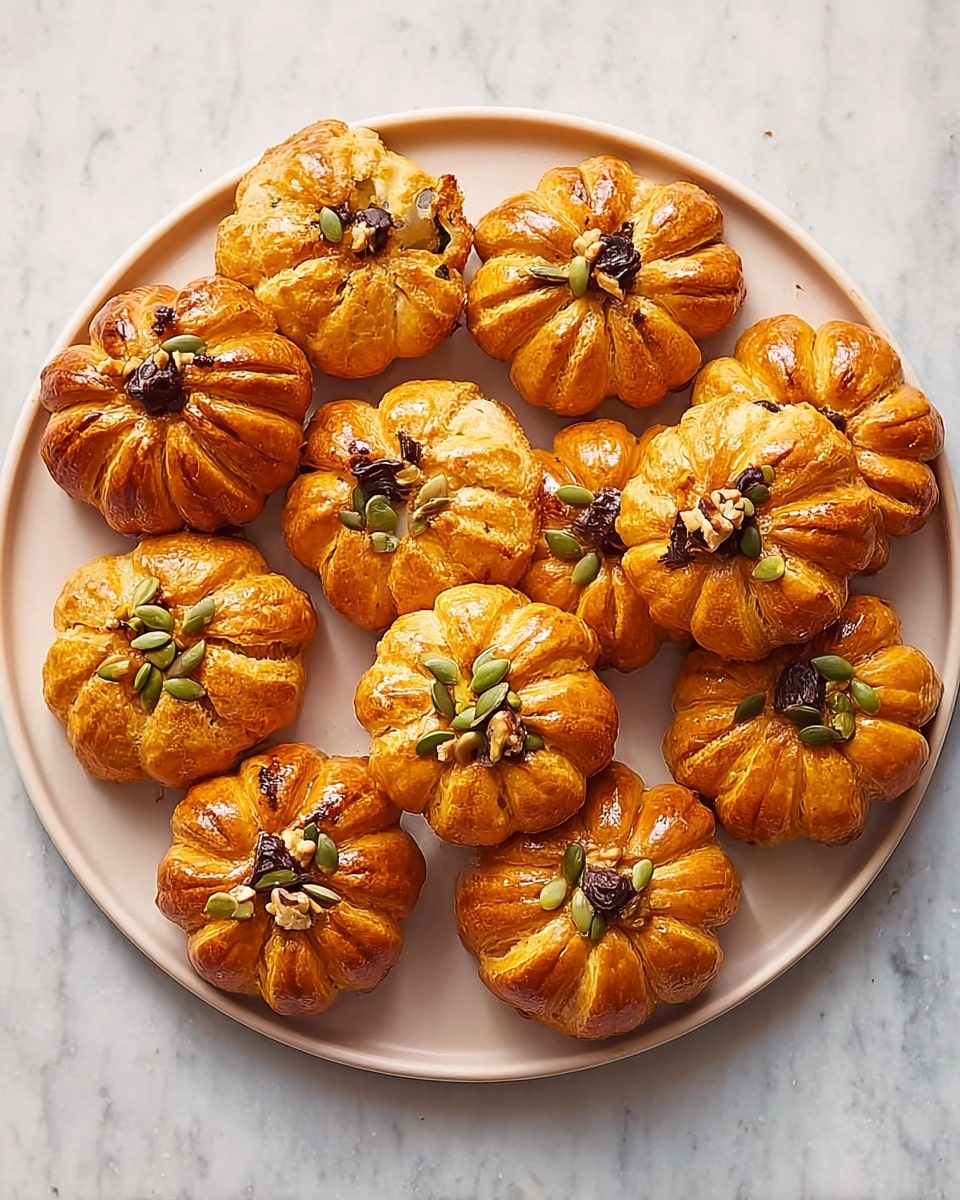 The image shows nine small round pastries arranged in three rows on a white parchment paper-lined metal tray. Each pastry has a flower-like shape made of golden-brown dough petals with a slightly shiny and glossy surface. The pastries are decorated with different toppings on top: some have small green seeds, others have chopped nuts or chocolate chips, and a few are drizzled with light brown caramel sauce. The tray is set on a white marbled surface. photo taken with an iphone --ar 4:5 --v 7