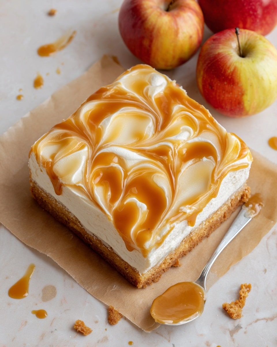 A square slice of light brown cake sits flat on a piece of brown paper on a white marble background. The cake has two visible layers on top: a thick, smooth layer of white cream spread evenly, topped with swirled caramel sauce that creates a marbled effect with shiny and glossy texture in amber and light golden shades. Three fresh red and yellow apples rest to the top right corner. A silver spoon lies at the bottom right corner with some caramel on it. Small caramel drops and scattered crumbs are around the cake. Photo taken with an iphone --ar 4:5 --v 7