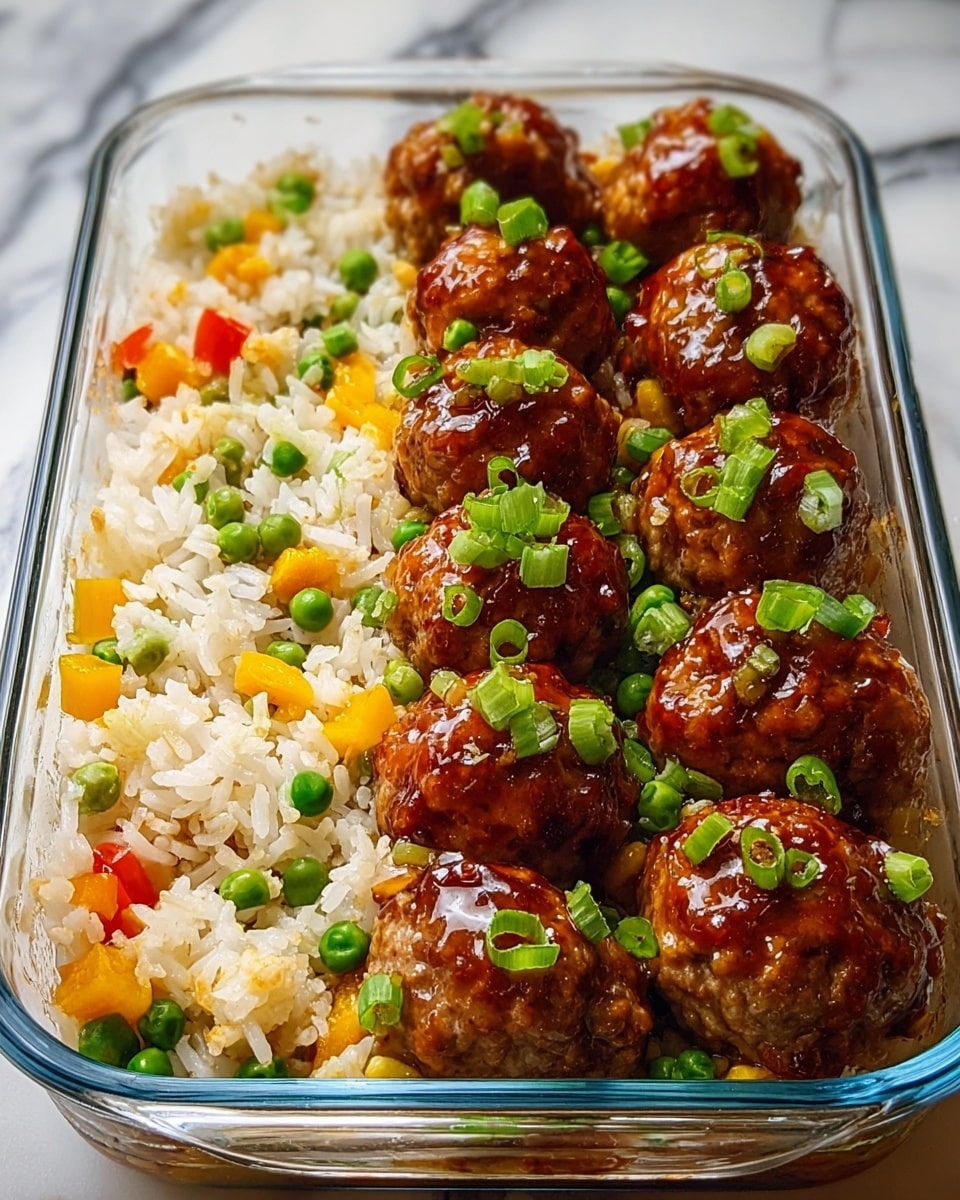 A glass dish filled with two layers: the bottom layer is light brown fried rice mixed with small pieces of yellow bell pepper, orange bell pepper, and green peas, creating a colorful base; the top layer consists of evenly spaced brown meatballs covered in a shiny, dark reddish-brown glaze, each meatball sprinkled with chopped green onions for a fresh green touch; the dish sits on a white marbled surface with a black kitchen stove blurred in the background. Photo taken with an iphone --ar 4:5 --v 7