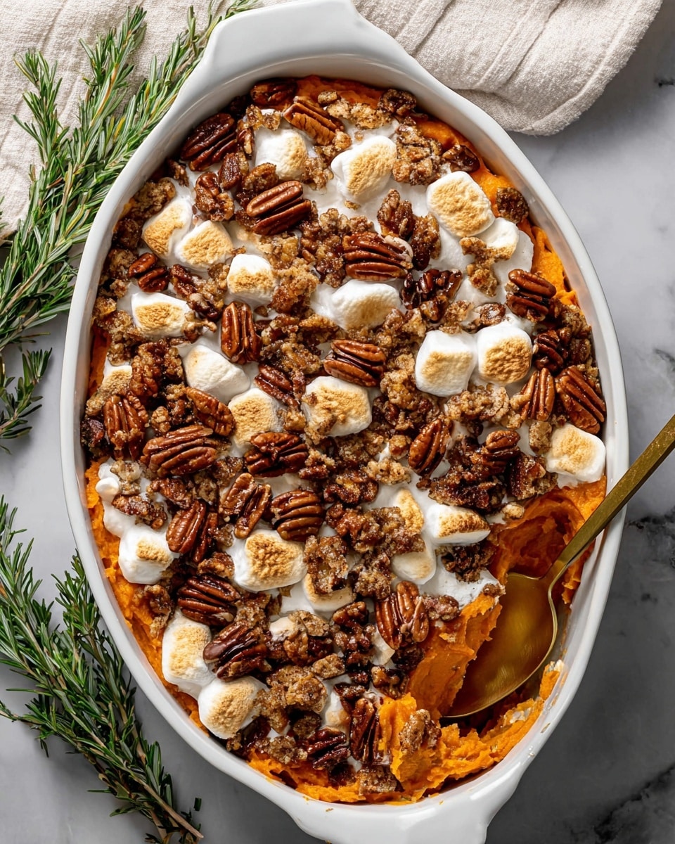 An oval white dish filled with a layered sweet potato casserole. The bottom layer is mashed orange sweet potatoes, topped with a generous layer of toasted marshmallows that are golden brown and melted. Scattered on top are many whole pecans, their deep brown color contrasting with the soft marshmallows and bright sweet potatoes. A gold spoon is partially inside the dish on the right side, showing some of the soft, creamy inside. The dish sits on a white marbled surface with sprigs of green rosemary and a white cloth nearby. Photo taken with an iphone --ar 4:5 --v 7