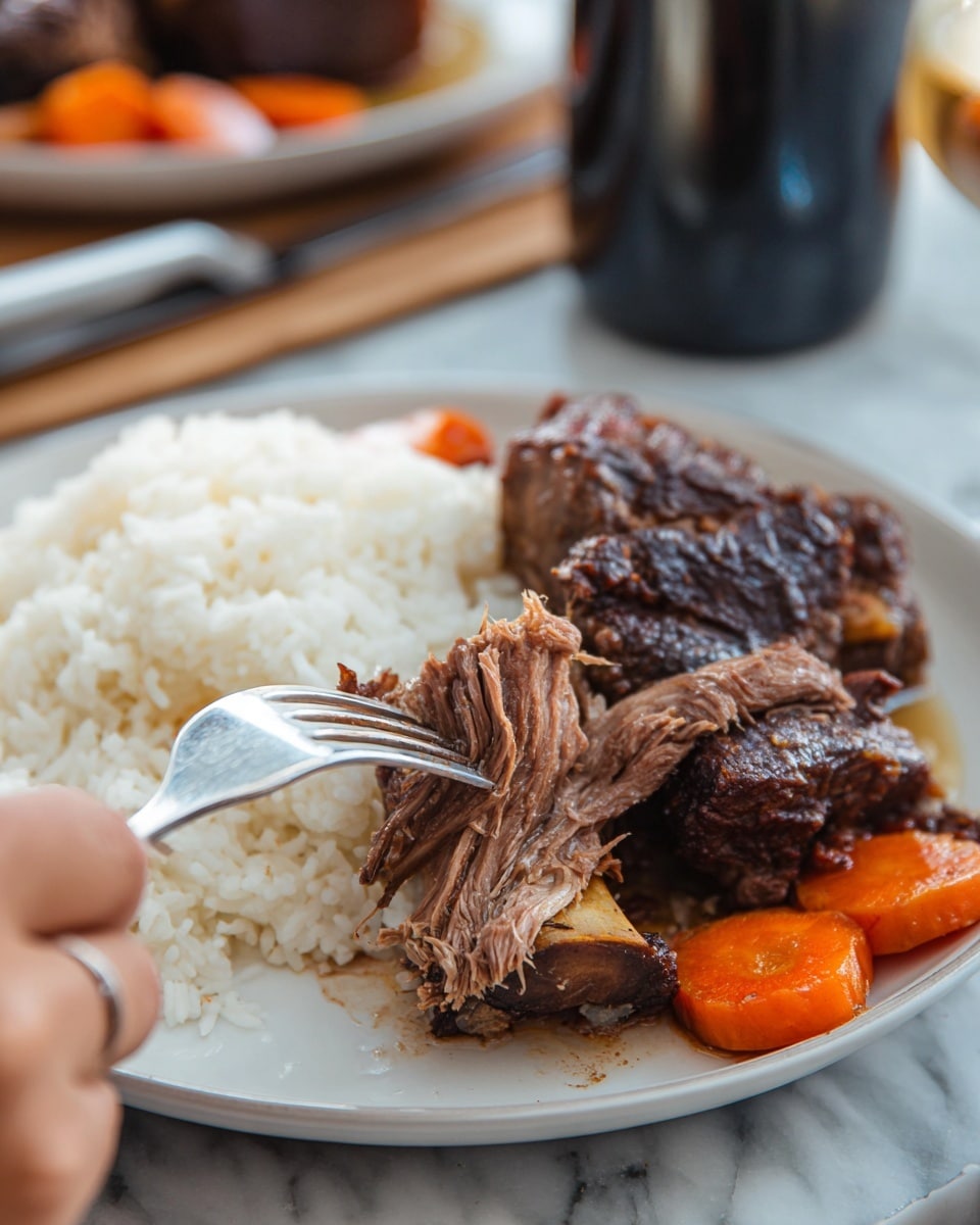A dish on a white plate sits on a white marbled surface, with a large browned meat piece at the center. The meat has a dark, crispy outer layer and is being torn apart, showing a soft, pink and fibrous inside. Underneath the meat, a bone is visible. Next to the meat is a mound of plain white rice with a fluffy texture. Small cooked orange carrot slices are scattered around the meat. A woman's hand is holding a silver fork digging into the meat on the left side, while a knife is pulling meat fibers apart from the right side. The background is slightly blurred, with parts of another plate and a dark bottle visible. Photo taken with an iphone --ar 4:5 --v 7