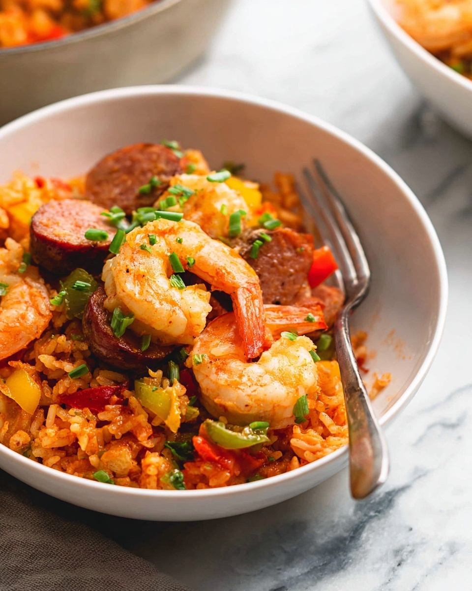 A large black slow cooker is filled with a colorful dish made of orange-red rice mixed with chunks of light brown sausage, white shrimp, and pieces of yellow, green, and red bell peppers, all mixed together. A wooden spoon is resting inside the cooker, scooping some of the food. The texture looks soft and slightly wet, with the shrimp curved and slightly shiny. The cooker is placed on a white marbled surface. photo taken with an iphone --ar 4:5 --v 7