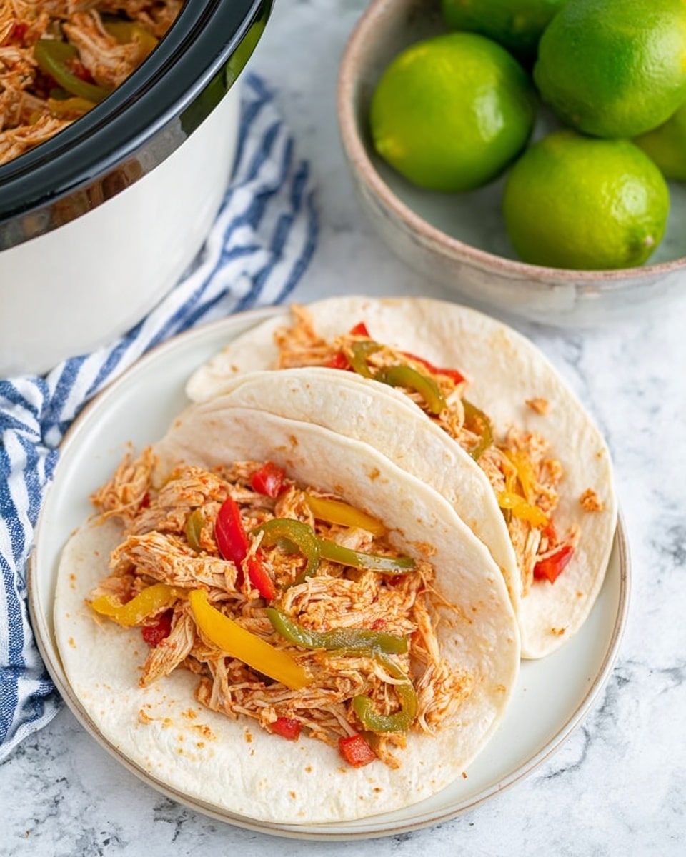 Two soft white tortillas lie flat on a white plate with shredded chicken mixed with cooked yellow, green, and red bell peppers on top. The chicken looks tender and is slightly reddish from the seasoning. Around the plate, there is a bowl filled with whole and halved bright green limes and a slow cooker partially visible with more shredded chicken inside. The background is a white marbled texture with a blue and white striped cloth nearby. Photo taken with an iphone --ar 4:5 --v 7