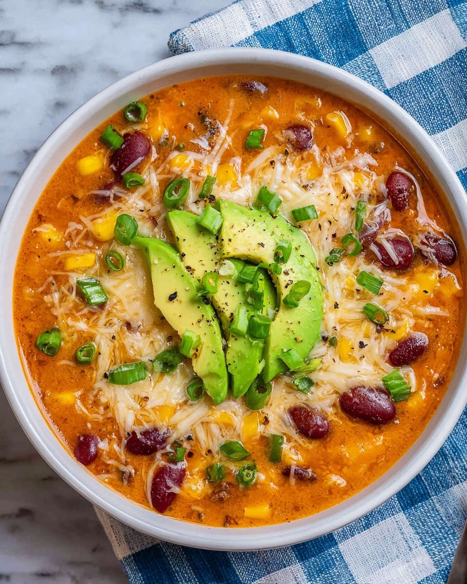 The image shows a close-up of a creamy orange soup filled with dark red beans and yellow corn kernels mixed throughout. The soup has melted white cheese scattered on top and finely chopped green onions sprinkled over the surface. In the center, there is a sliced, light green avocado with tiny black pepper spots. There are also thin green slices of jalapeño pepper on top. A metal spoon is lifting a spoonful of the soup, showing chunks of melted cheese, beans, and corn. The background is a white marbled texture. photo taken with an iphone --ar 4:5 --v 7