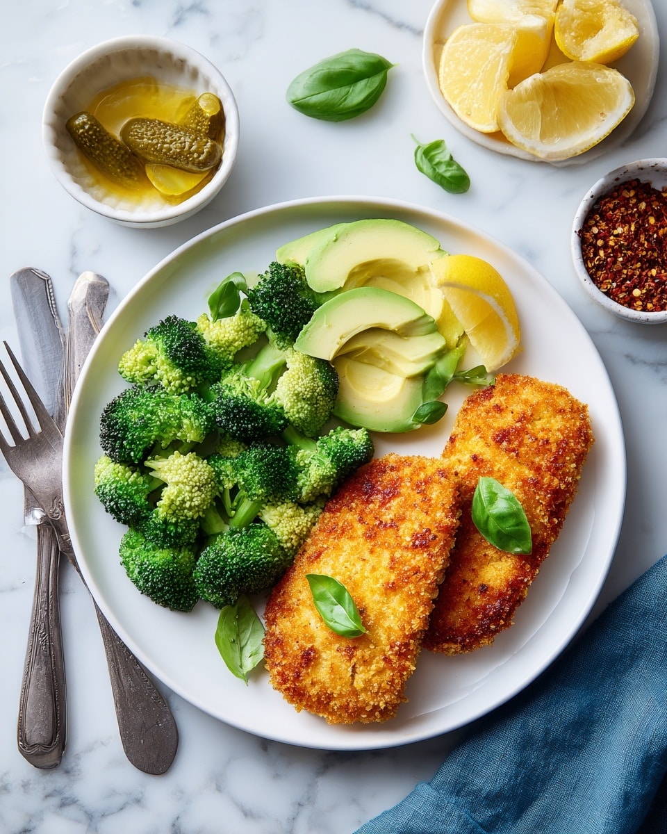A white plate holds two golden crispy fried breaded fillets placed side by side on the right half, with fresh green broccoli pieces arranged on the left half. On top of the broccoli, there are three pale green slices of avocado and a bright yellow lemon wedge near the top edge. A few small fresh green basil leaves are scattered around the broccoli for garnish. The plate is on a white marbled surface, near a silver knife and fork placed parallel on the left side, and a white bowl with pickle slices is visible nearby. A small dish of reddish seasoning and a cup of yellow sauce add color to the scene, with a folded blue cloth napkin on the right side. Photo taken with an iphone --ar 4:5 --v 7