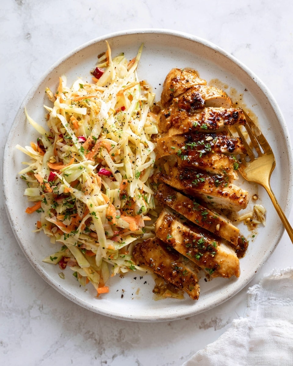 A white plate on a white marbled surface holds two main parts: on the left, a colorful salad made of thin yellow and orange strips, small green bits, and some purple pieces, all mixed together and topped with green herbs and black pepper, creating a fresh and textured look; on the right side, a single, shiny, brown glazed piece of cooked meat sprinkled with chopped green herbs sits beside a gold fork resting on the plate. photo taken with an iphone --ar 4:5 --v 7