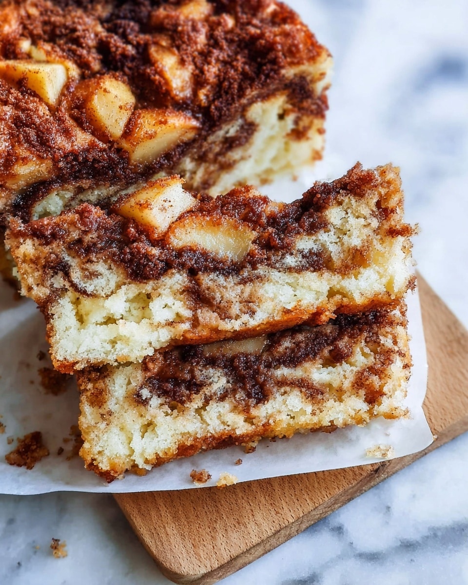 This image shows a close-up of a slice of cake with two main layers. The bottom layer is a light yellow soft cake with a smooth texture, and the top layer has a swirl of dark cinnamon-colored filling mixed in, creating a marbled effect. The top of the cake is browned and textured, with bits of cinnamon and small pieces that look like nuts or fruit sprinkled on top. The cake is placed on a white marbled surface. In the background, there is a blurred striped cloth and a yellow-orange fruit. Photo taken with an iphone --ar 4:5 --v 7