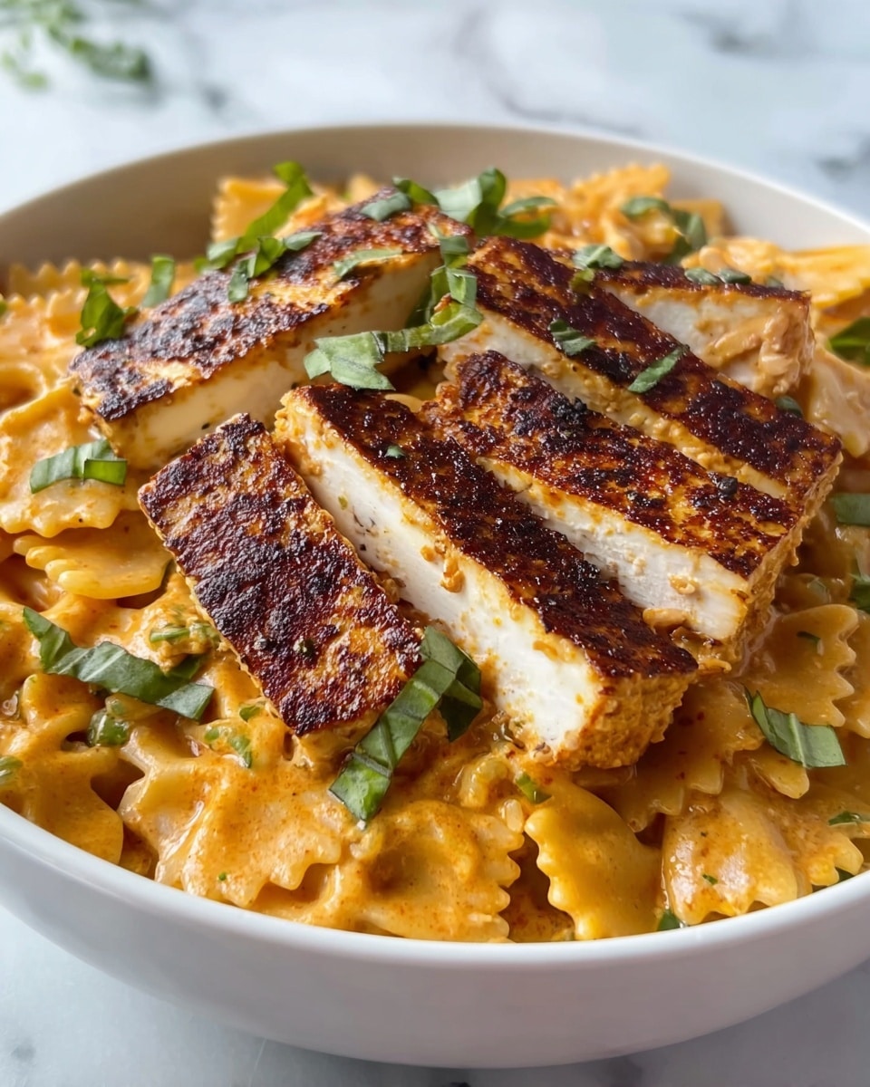 A white bowl filled with creamy orange pasta sauce covering bowtie pasta, topped with five slices of browned grilled chicken layered neatly in the middle. The creamy sauce is thick and smooth, coating the pasta well, with small green chopped herbs sprinkled over the chicken and pasta, adding fresh color. A fork is lifting a piece of bowtie pasta with sauce and herbs close to the camera, showing the detailed texture of the pasta. The bowl is placed on a white marbled surface with part of a brown knitted cloth visible on the side. Photo taken with an iphone --ar 4:5 --v 7