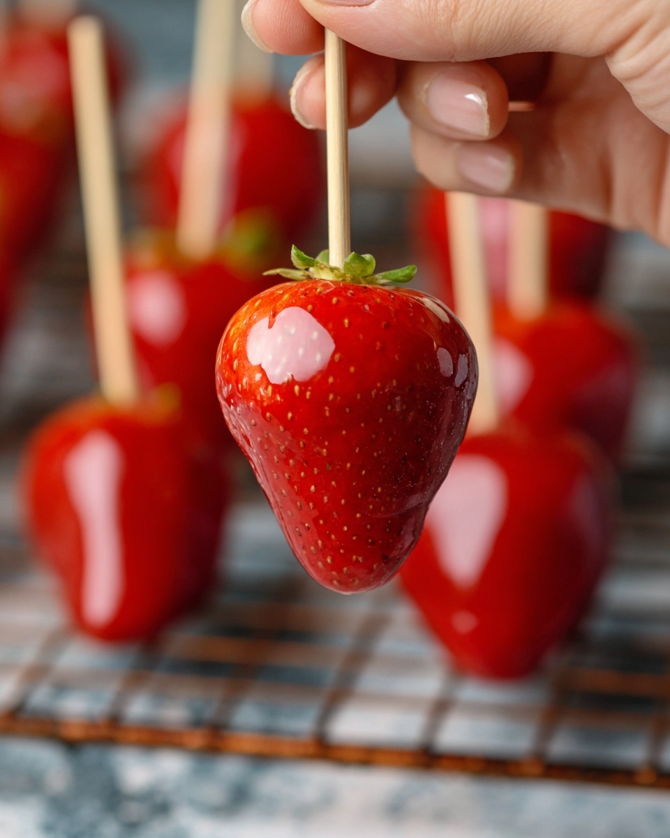 How to Make Tanghulu (Candied Fruit) Recipe 6 A close-up view of a bright red strawberry coated with a clear, shiny candy glaze, creating a smooth and glossy layer around its textured surface with visible seeds; the strawberry is held upright by a thin wooden stick gripped by a woman's hand. In the blurred background, more similarly coated strawberries on sticks lie on a dark cooling rack, contrasting with the sharp focus on the front strawberry. The setting features a white marbled texture underneath the rack. photo taken with an iphone --ar 4:5 --v 7