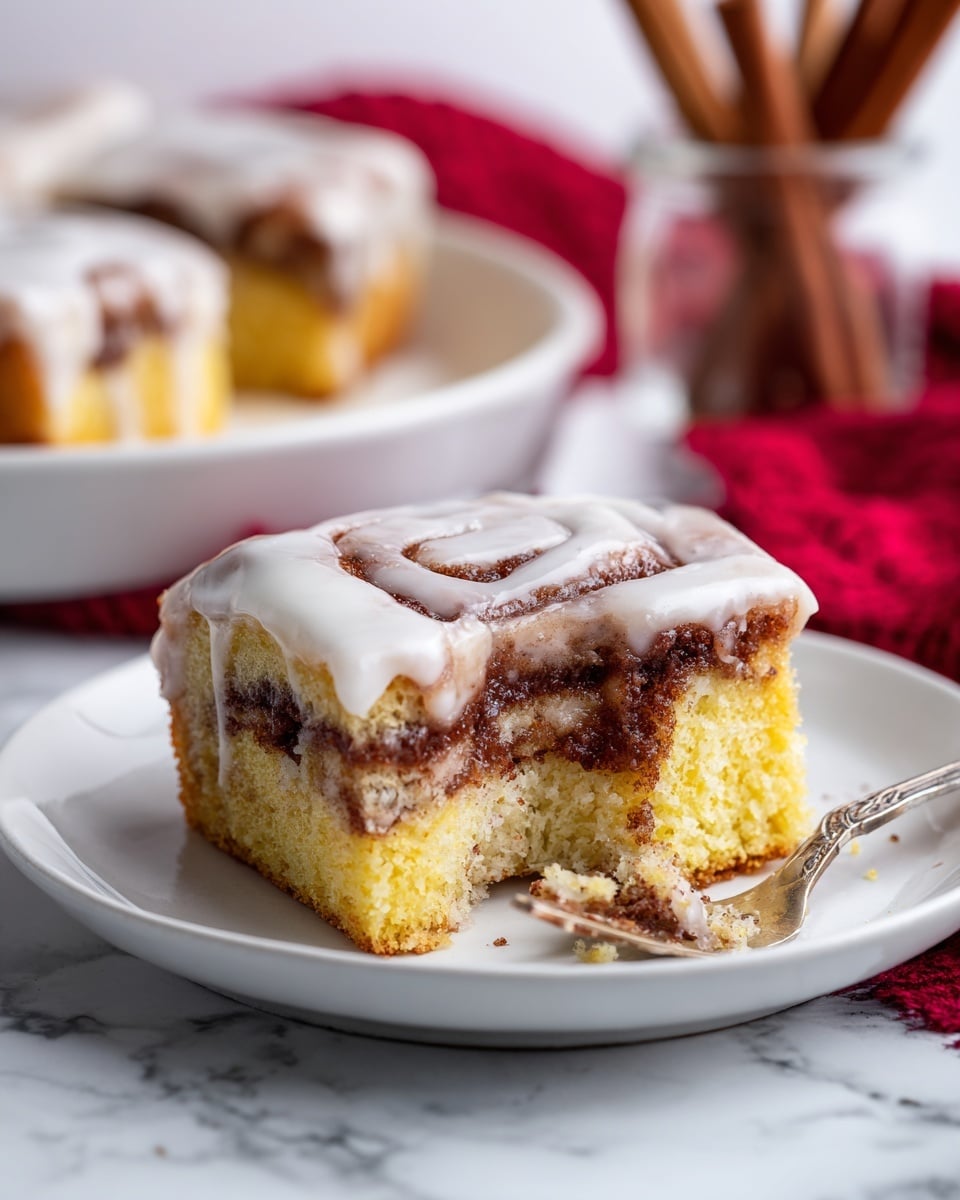 Cinnamon Roll Cake Recipe 6 The image shows a close-up of thick, square-shaped pieces of cinnamon roll cake on a white plate, with a white marbled surface underneath. The cake has two visible layers: the bottom layer is a soft, moist yellow cake, and the middle layer is a swirled cinnamon sugar filling, slightly darker brown. The top layer is a shiny white glaze that covers the whole cake and is dripping a bit over the edges. In the background, another white plate with more cinnamon roll cake is blurred out, alongside a glass container holding cinnamon sticks and a red cloth. The photo taken with an iphone --ar 4:5 --v 7