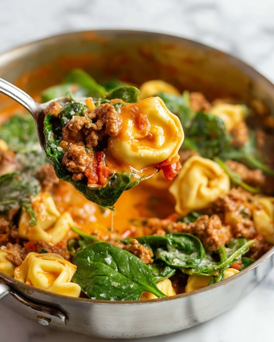 A white bowl filled with a creamy pasta dish consisting of three main layers: the bottom layer is yellow tortellini pasta with a smooth, slightly shiny texture; the middle layer is a mix of ground sausage pieces that are light brown and cooked, combined with wilted bright green spinach leaves; the top layer includes scattered bits of red tomato and white grated cheese sprinkled over everything, adding a light snowy texture. The dish sits on a white marbled surface. photo taken with an iphone --ar 4:5 --v 7