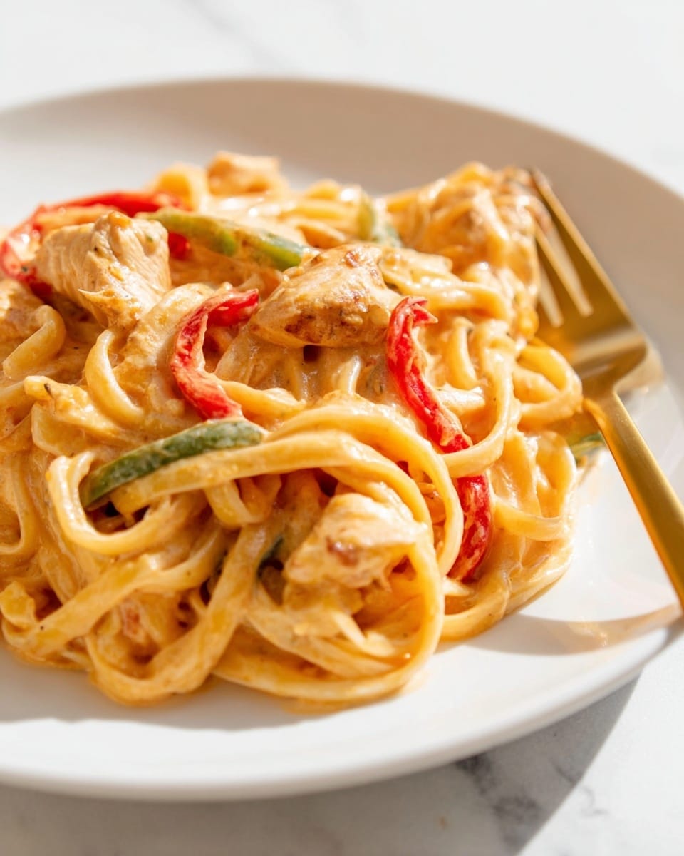 Haitian Spaghetti with Epis, Hot Dogs, and Hard-Boiled Eggs Recipe 5 A close-up view of creamy pasta on a white plate with thick noodles coated in a light orange sauce. There are pieces of cooked chicken scattered throughout, browned on the edges, along with thin strips of red and green bell peppers mixed in. The pasta looks soft and covered in the sauce, with a golden fork resting on the right side of the plate. The whole scene is set against a white marbled surface, with bright natural light highlighting the creamy texture of the dish. photo taken with an iphone --ar 4:5 --v 7