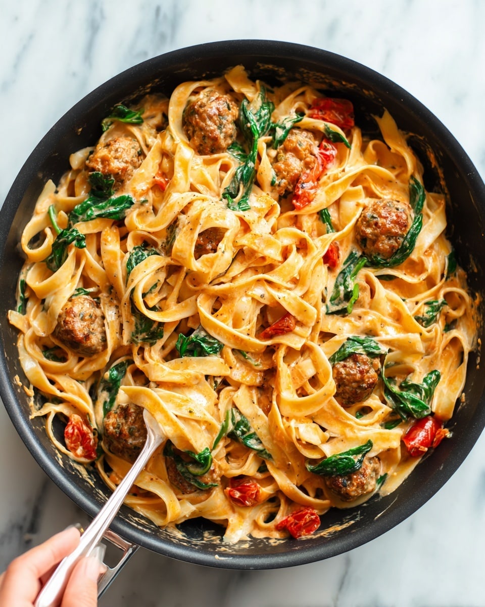 A close-up image shows a black skillet filled with creamy, orange sauce coated fettuccine pasta. The pasta appears soft and thick, mixed with wilted green spinach leaves and pieces of sun-dried red tomatoes scattered throughout. A silver fork lifts a twisted bundle of fettuccine noodles from the skillet, showing their smooth texture. The skillet sits on a white marbled surface, and a woman's hand gently holds the fork. The pasta sauce looks rich and smooth, clinging well to the pasta strands for a comforting, hearty appearance. photo taken with an iphone --ar 4:5 --v 7