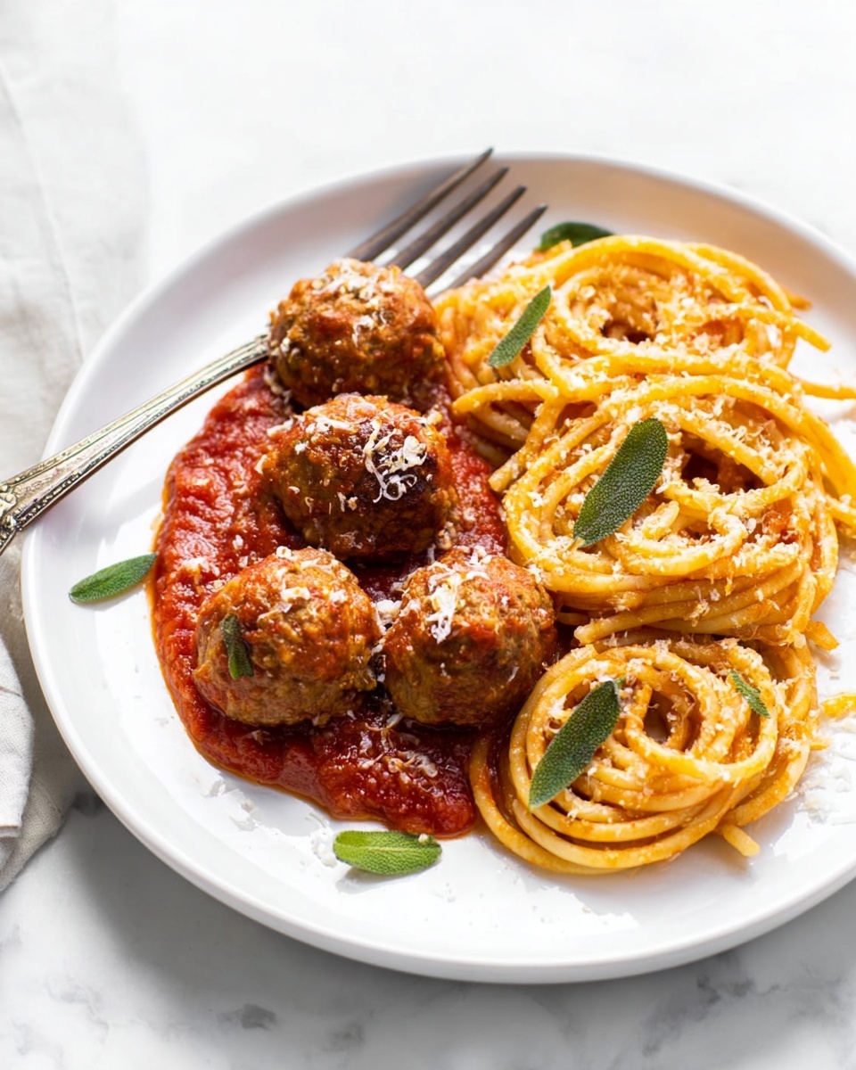 A white plate on a white marbled surface holds three brown meatballs resting on a thick red tomato sauce spread in a small pool on the left. Next to the meatballs, there are three neat spirals of golden-yellow spaghetti coated with tomato sauce, sprinkled lightly with white grated cheese. Small green sage leaves are scattered over the spaghetti for garnish. A silver fork is placed on the left side of the plate, partially resting on the surface. Photo taken with an iphone --ar 4:5 --v 7