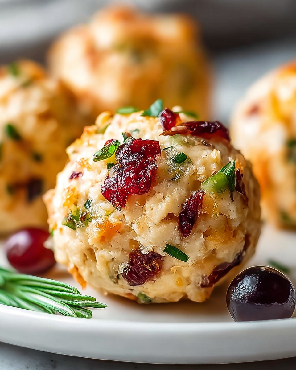 A close-up of a round snack ball sitting on a white plate with a few more blurred balls in the background. The ball has a flaky, golden-brown texture with visible layers of light beige and small pieces of orange, green, and red mixed throughout. Bright red berries are embedded on the surface, some shiny and plump. Small green herb pieces are scattered across the ball, adding a fresh contrast to its warm colors. There is a small dark berry sitting beside the ball on the plate, which rests on a white marbled surface. photo taken with an iphone --ar 4:5 --v 7